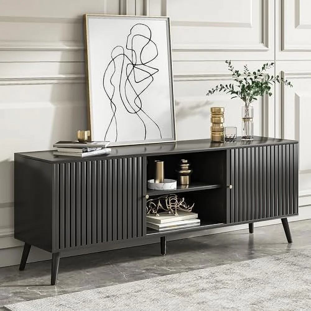 CGFHYP Mid Century Modern TV Stand for Televisions up to 70 Inches  with Sliding Doors and   Television Stands  TV Consoles  Media Consoles for Living Room  63 Inch (Natural)