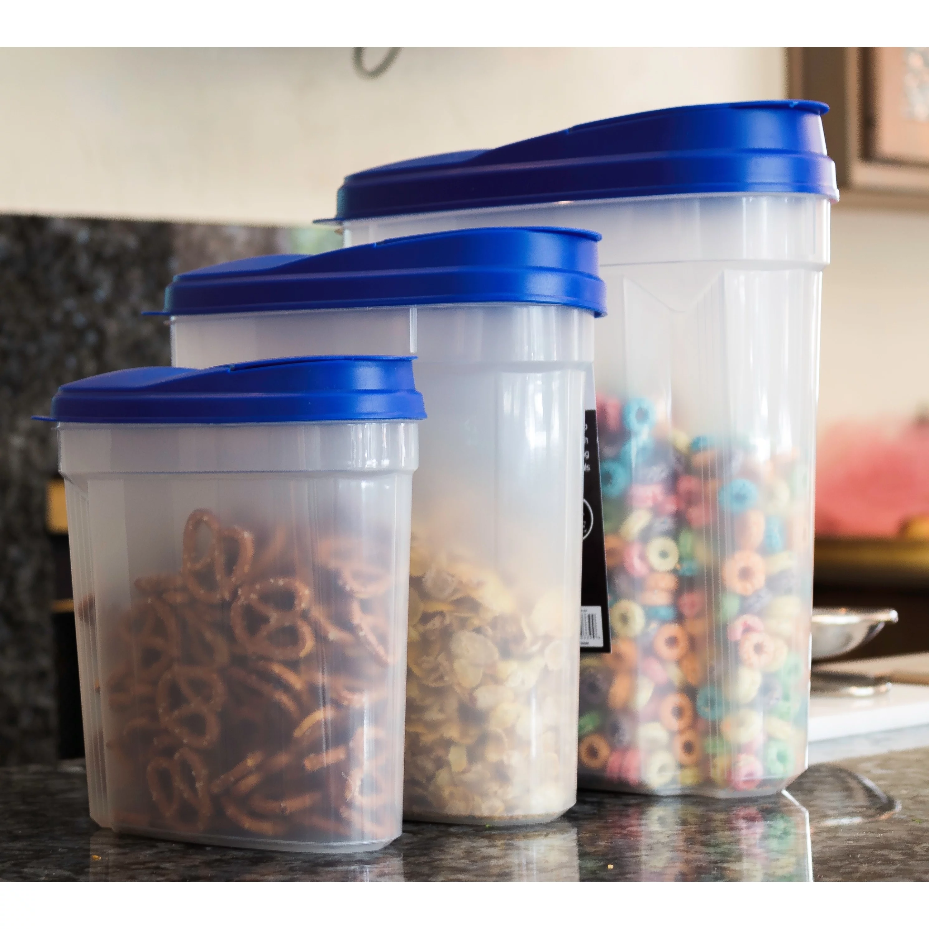 Plastic 3 Piece Cereal Dispenser Set - Dry Food Storage Containers (Red Lids)