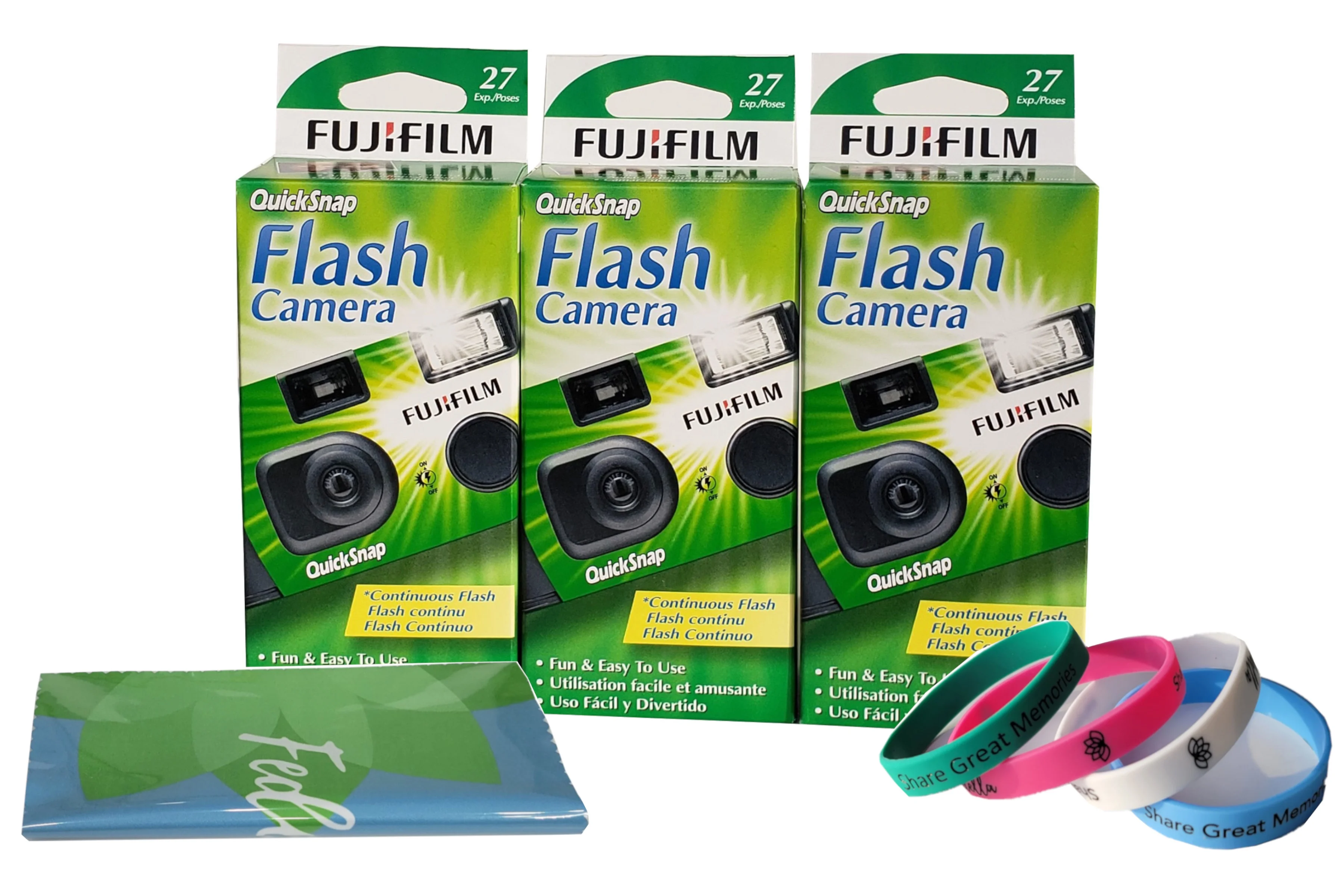 Fujifilm QuickSnap 7033661 Disposable Camera (3 Pack) Plus a Bonus Wrist Band and a Cleaning Cloth