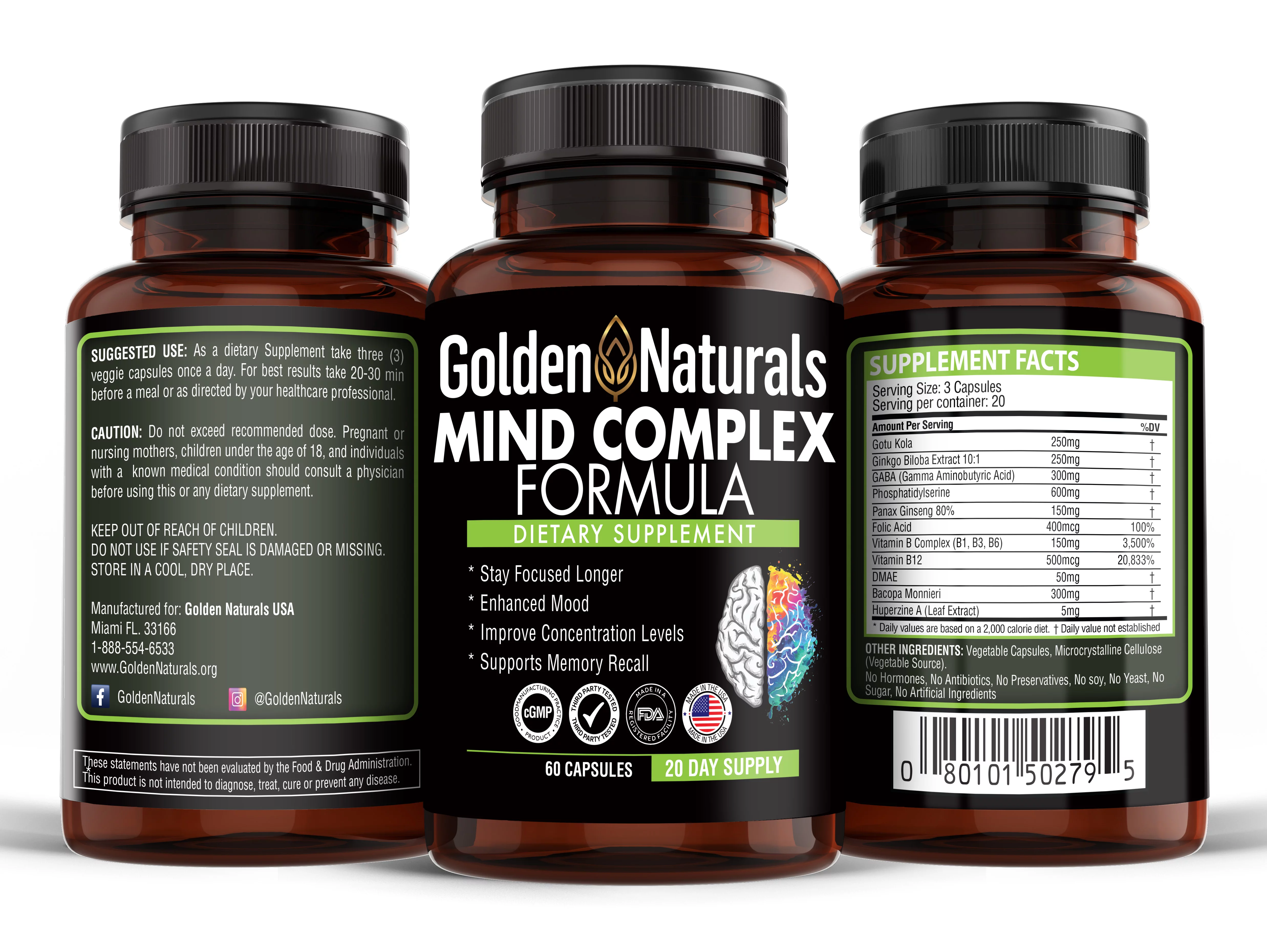 Golden Naturals Mind Complex Formula for Memory Support, 60 ct