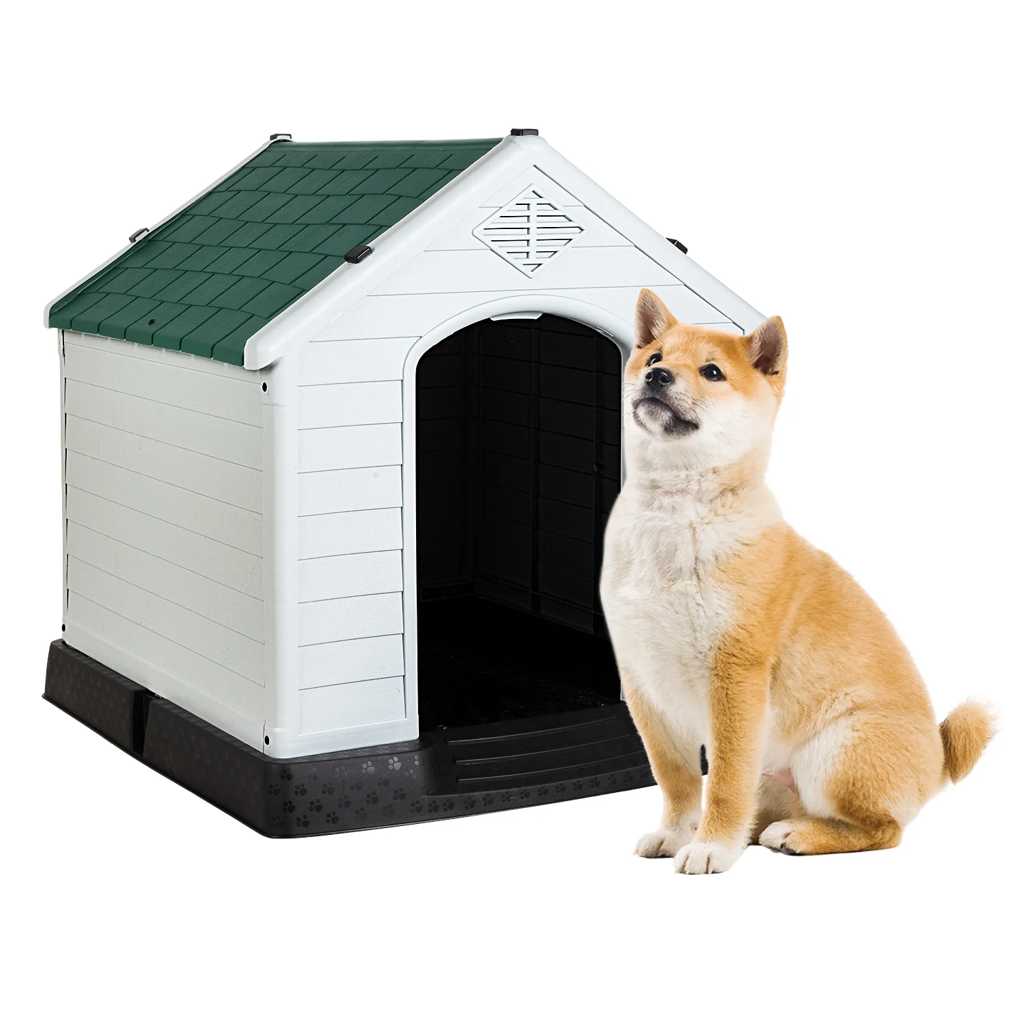 YRLLENSDAN 32in Insulated Dog House Outdoor, Igloo Dog Houses Plastic Dog House for Small Medium Dogs Waterproof with Air Vents & Elevated Floor, Green