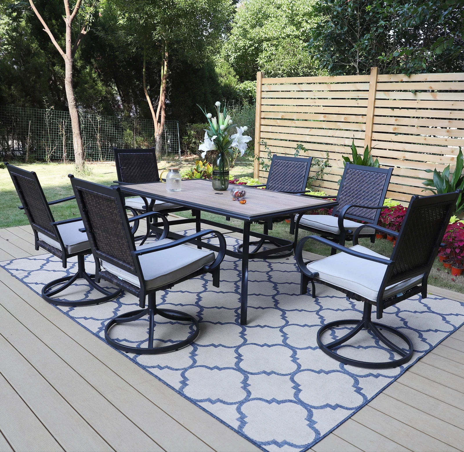 MF Studio 7 Pieces Outdoor Patio Dinning Set, 6PCS Cushioned Wicker Chairs & 1PC Rectangular Dining Table with PVC Table TOP and 1.57