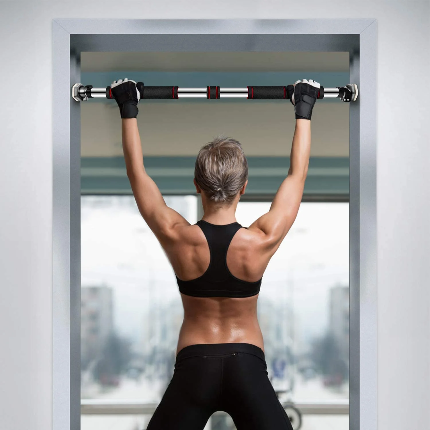 HealSmart Heavy Duty Doorway Pull Up & Chin Up Bar, No Screws & Drill Installation, Adjustable Width, Red, 1-Pack