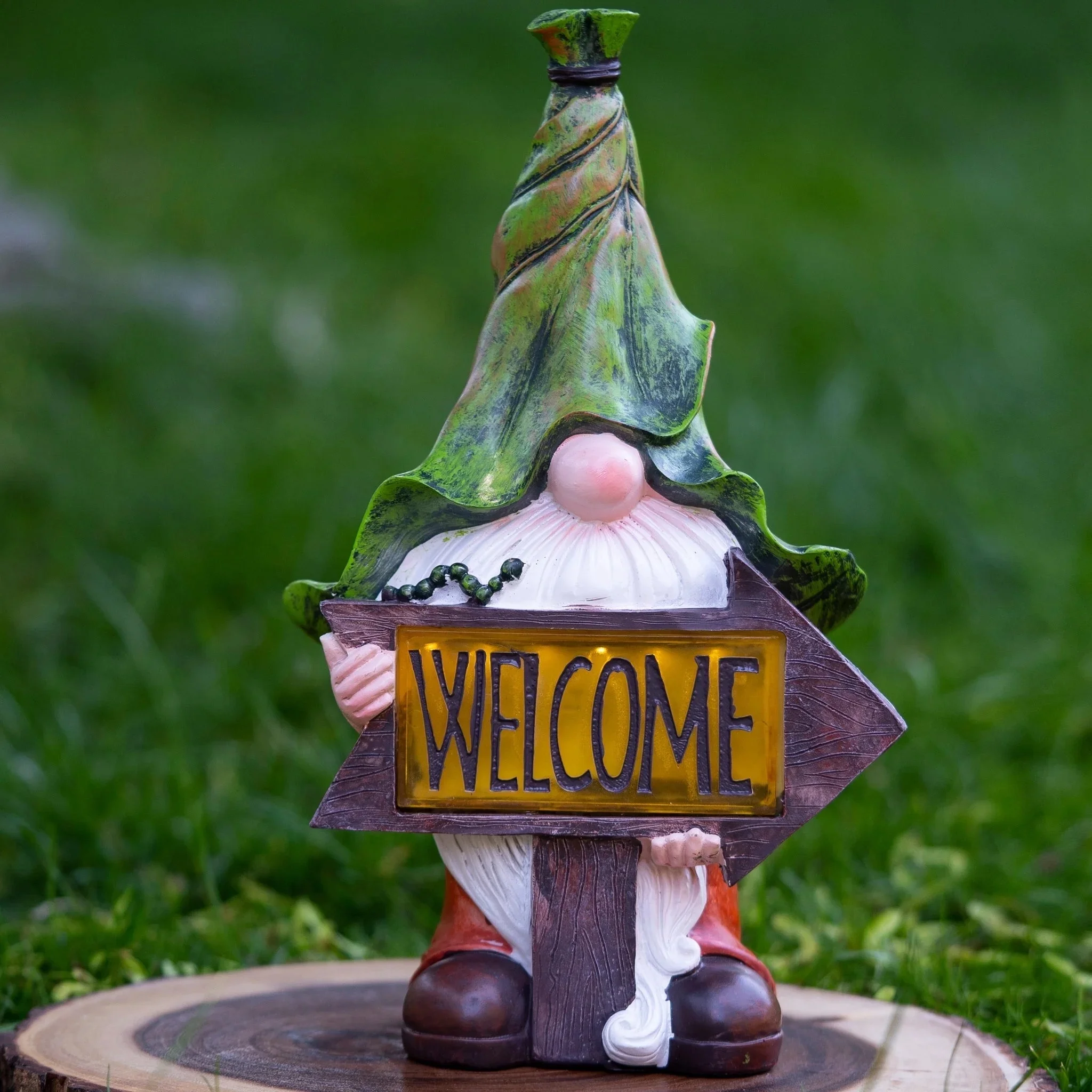 Accent Collection Garden Gnome with Leaf Hat and Welcome Sign, Solar-Powered LED Light