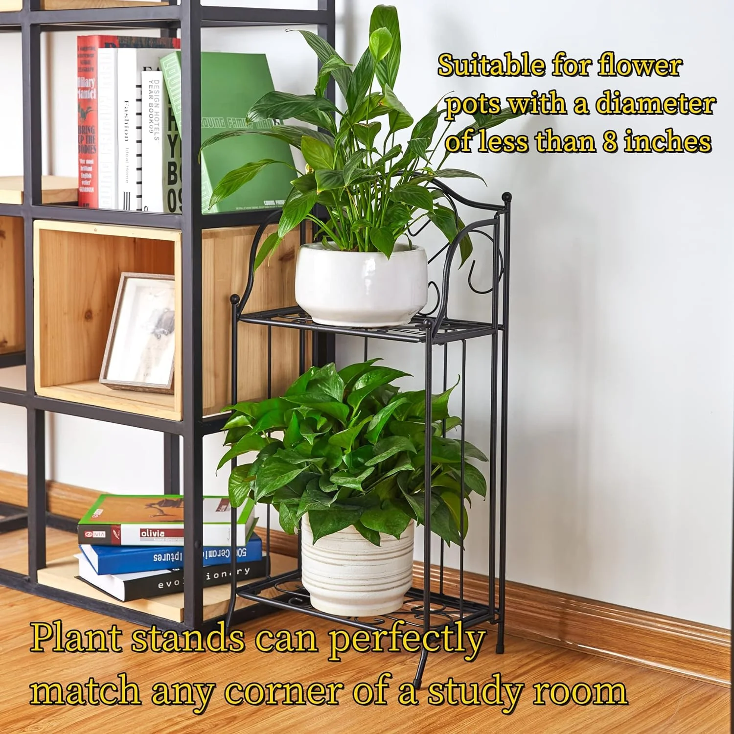 Foldable 2 Tier Metal Plant Stand Scrollwork Design Indoor and Outdoor Flower Rack Pot Shelf Home Storage Organizer Shelf, Black