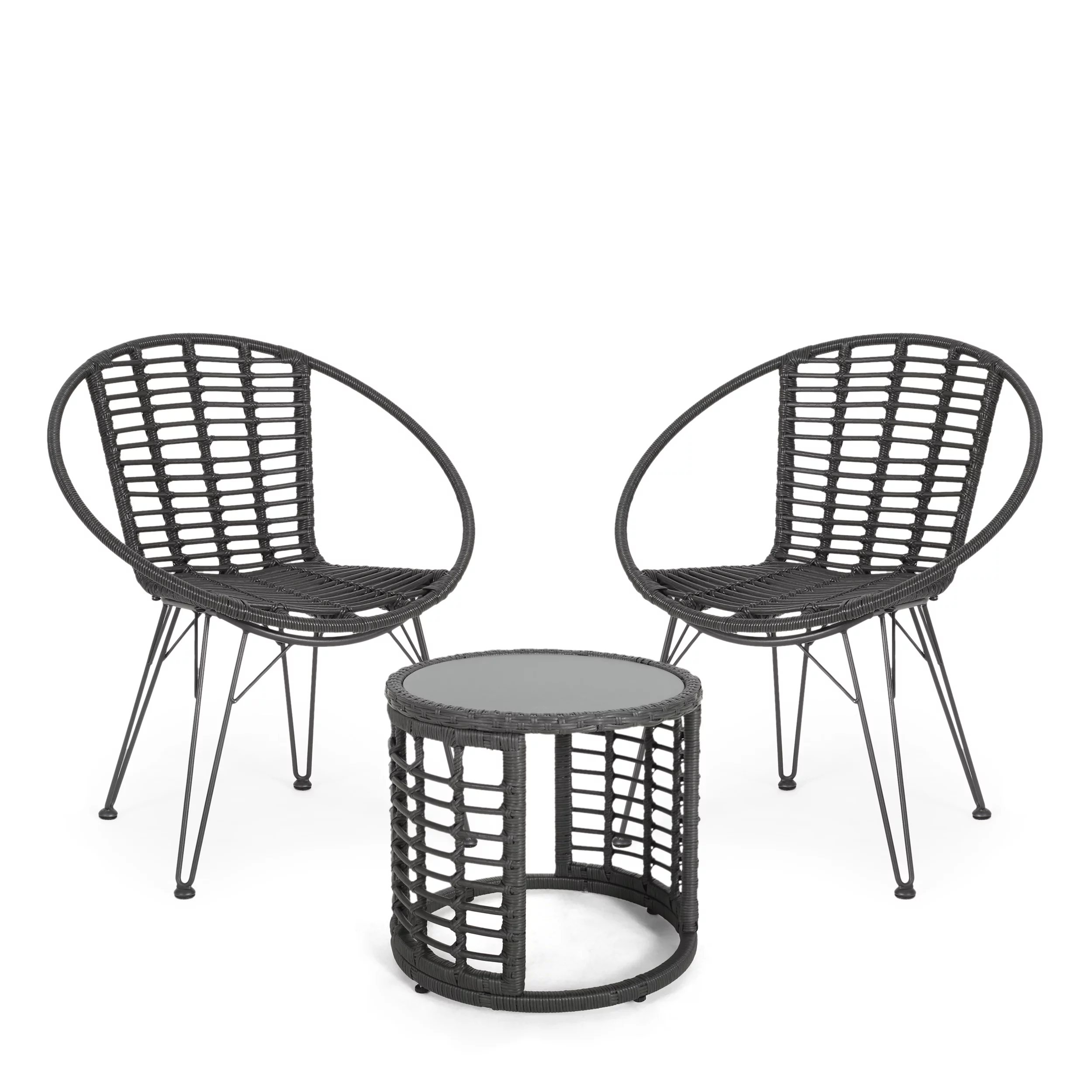 Manu Outdoor Modern Boho 2 Seater Wicker Chat Set with Side Table, Gray and Black