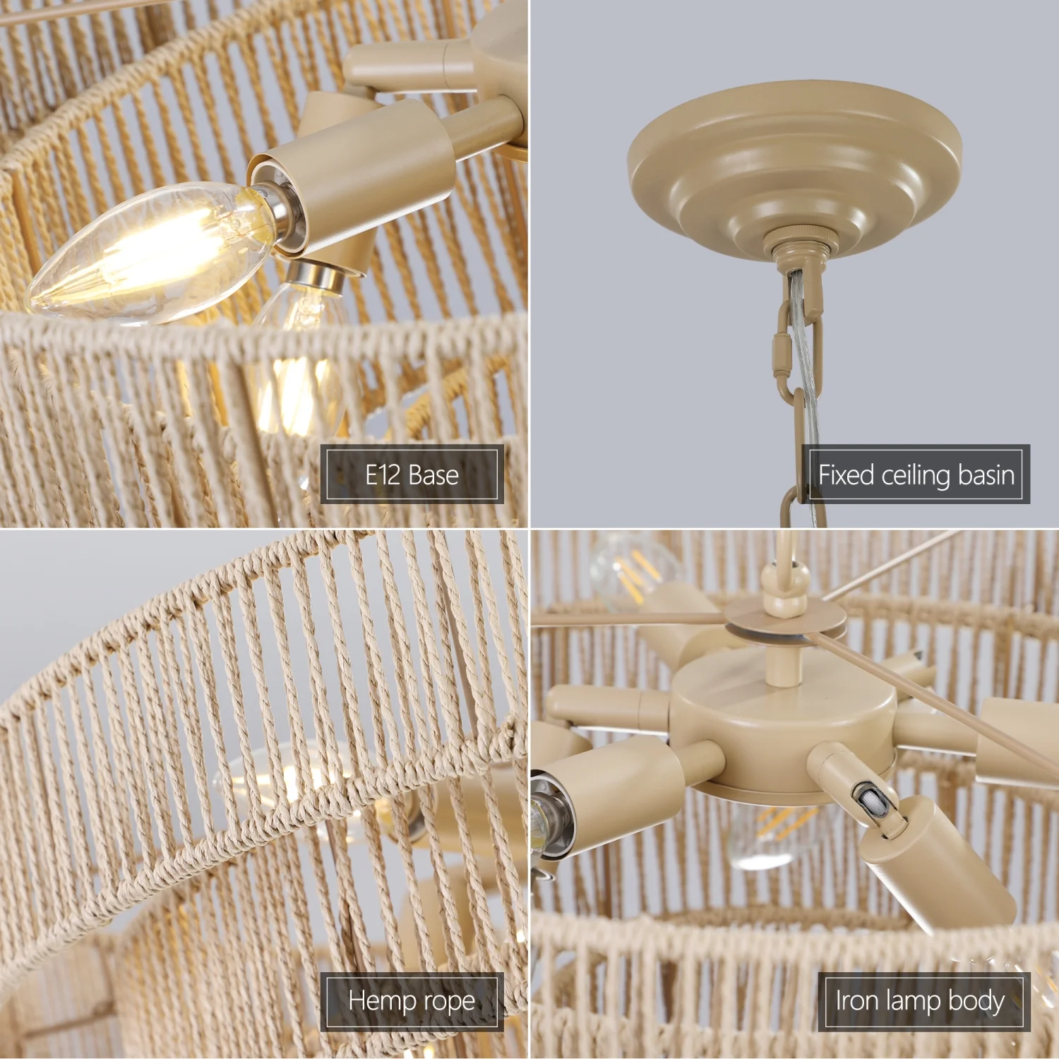 DremFaryoyo Bohemian style Woven Pendant Light 19.7 Inch Rattan Ligh Large Rattan Pendant Light with 4-Tier Rattan Chandelier--Wood