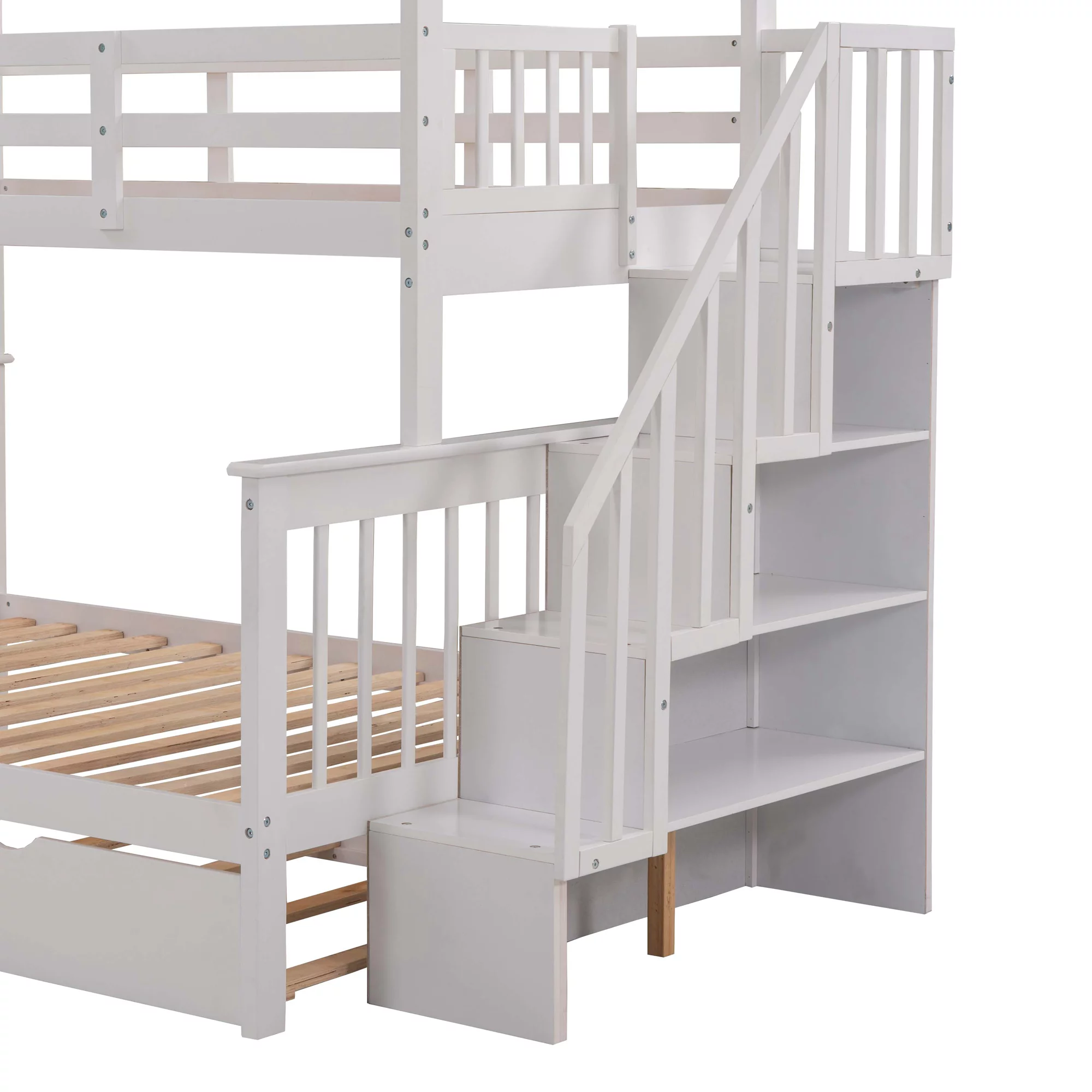 EUROCO Twin over Full House Bunk Bed with Trundle and Staircase, White