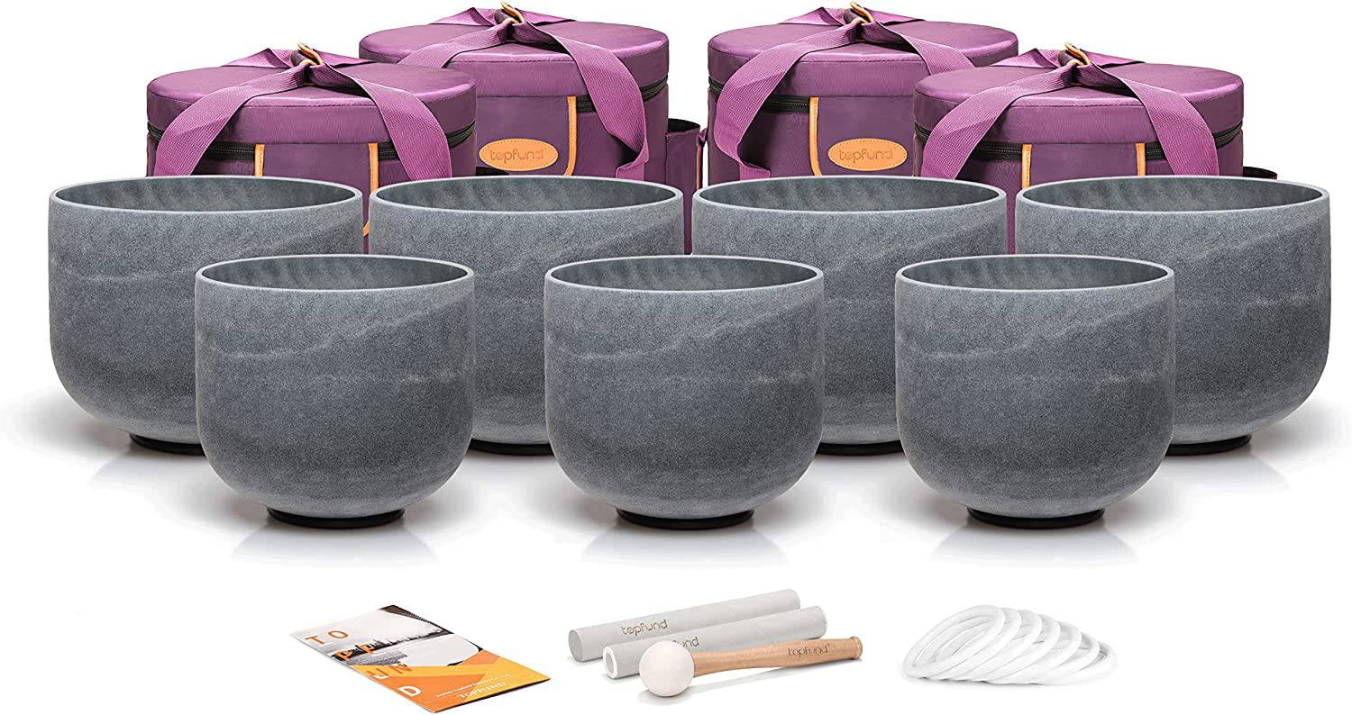TOPFUND Chakra Set of 7 Moldavite Fusion Crystal Singing Bowls 8-10 inch with Heavy duty carrying case and Suede Stick
