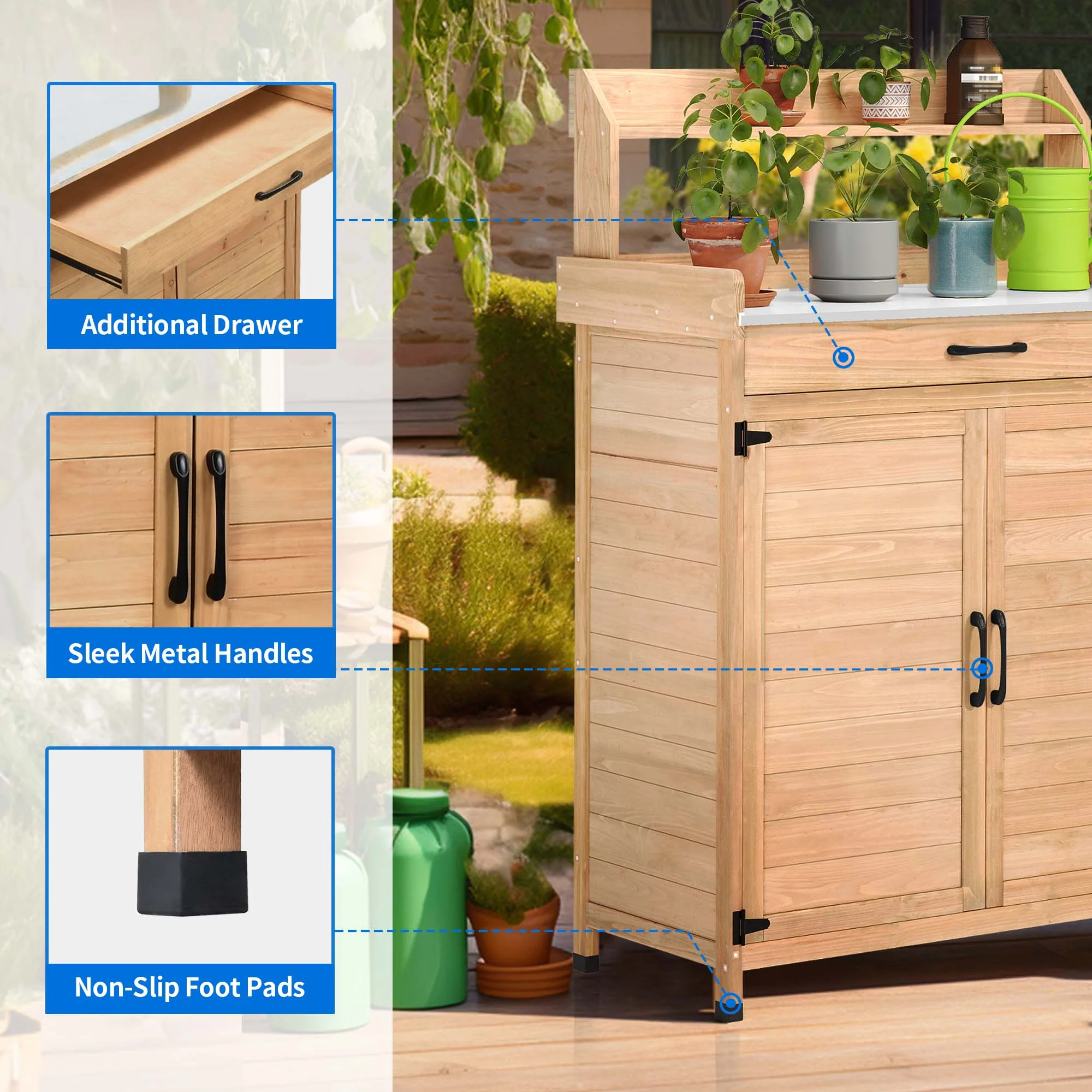 Dextrus 51.5″H Outdoor Potting Bench Table, All Weather Wooden Storage Cabinet with Drawer and Removable Plate, Natural