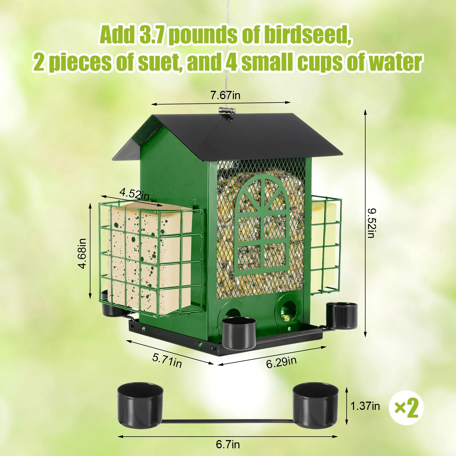Qweryboo Hanging Bird Feeder with Double Suet Cage, Metal Suet Feeders for Outside Hanging, Hopper Bird Feeder for Outdoors Squirrel Proof
