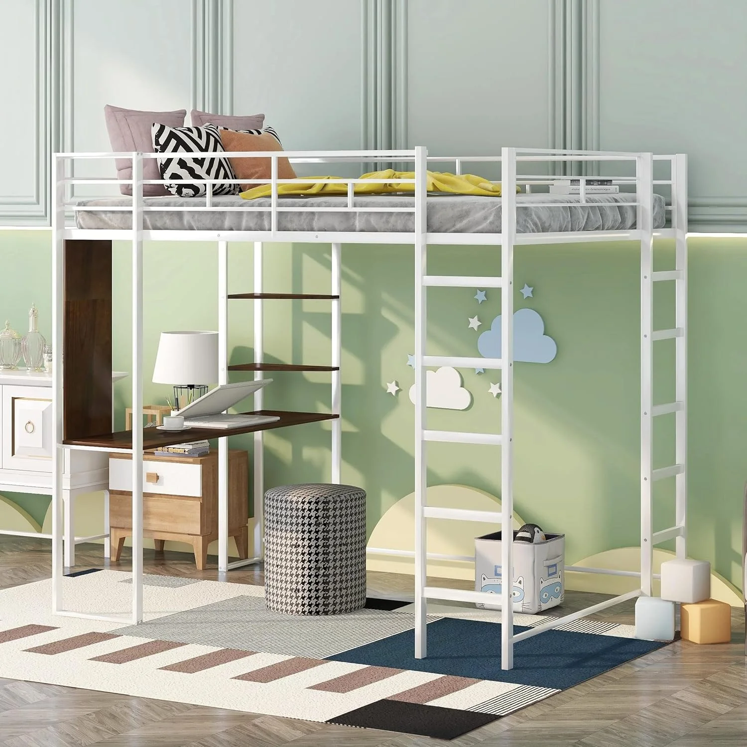 Full Size Metal Loft Bed With 2 Shelves Ad 1 Desk, Loft Bed Frame With 2 Ladders, Safety Rails For Kids Tees Adults, o Box Sprig eeded (Full, White)