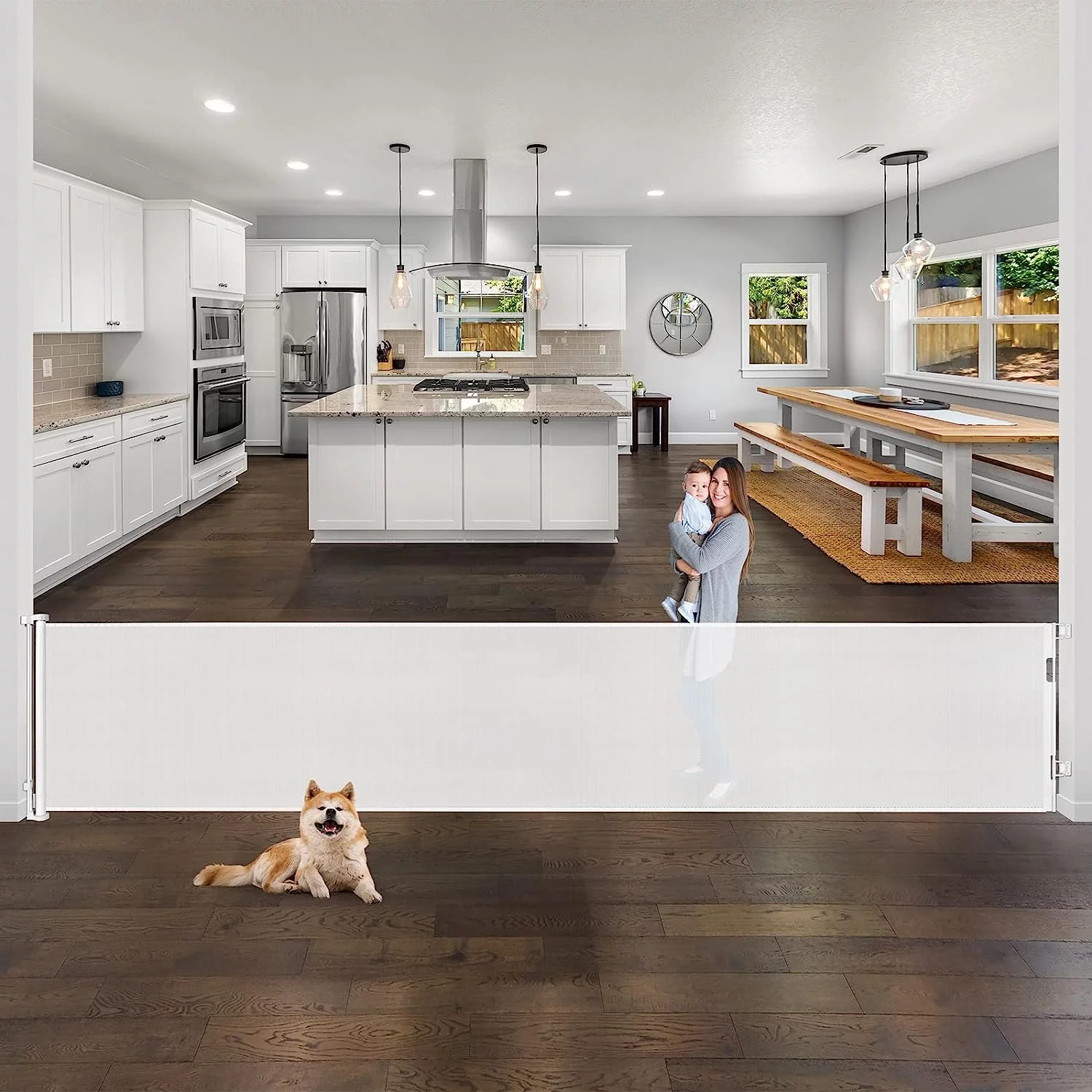 Reendo Retractable Baby Gate 71'' Wide Mesh Baby Gate or Mesh Dog Gate Child Safety Gate for Doorways, Stairs, Hallways, Indoor/Outdoor White