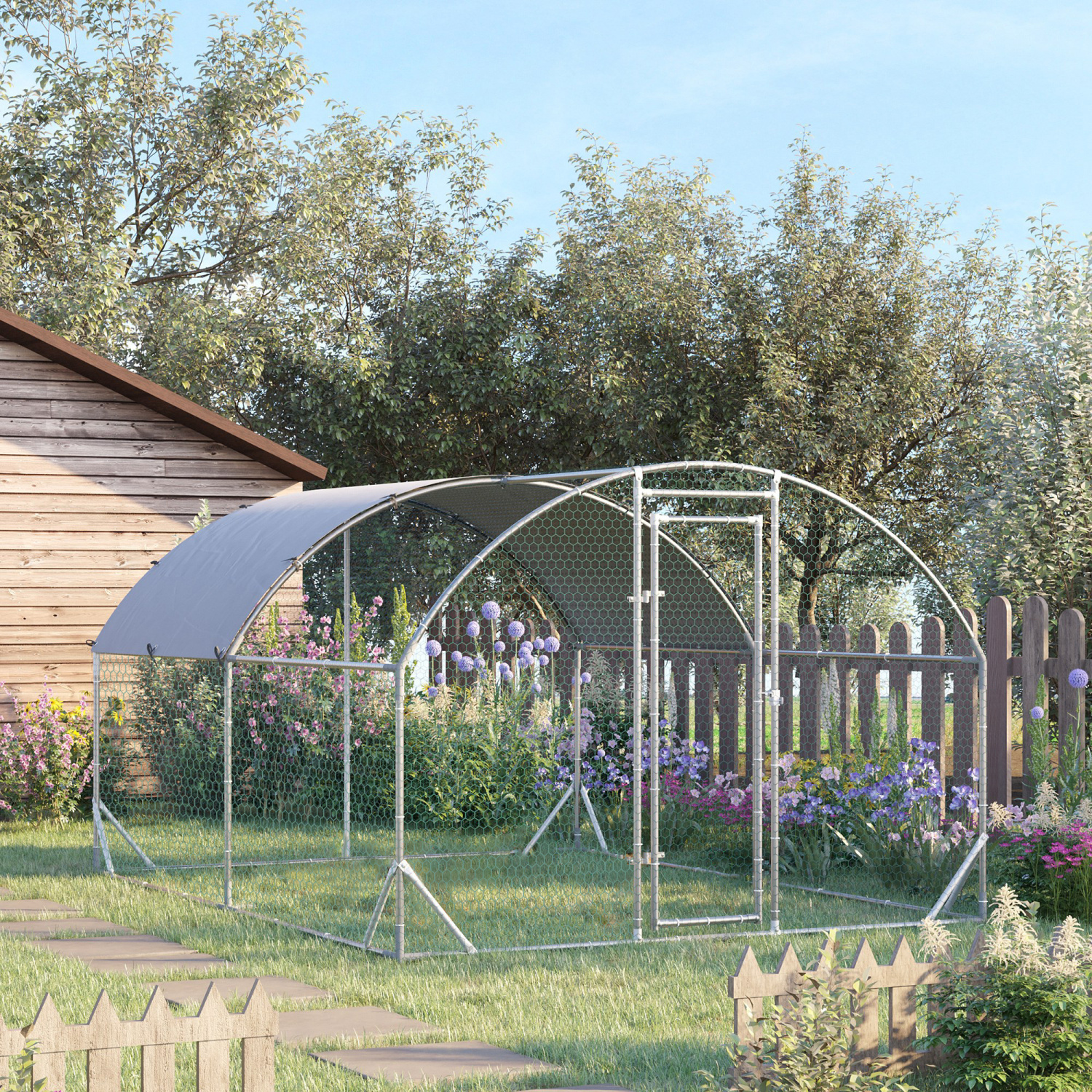 JHOOTUUO PawHut Large  Coop Metal  Run with Waterproof and Anti-UV Cover  Dome Shaped Walk-in Fence Cage Hen House for Outdoor and Yard Farm Use  1” Tube Diameter  9.2‘ x 12.5‘ x 6.5‘