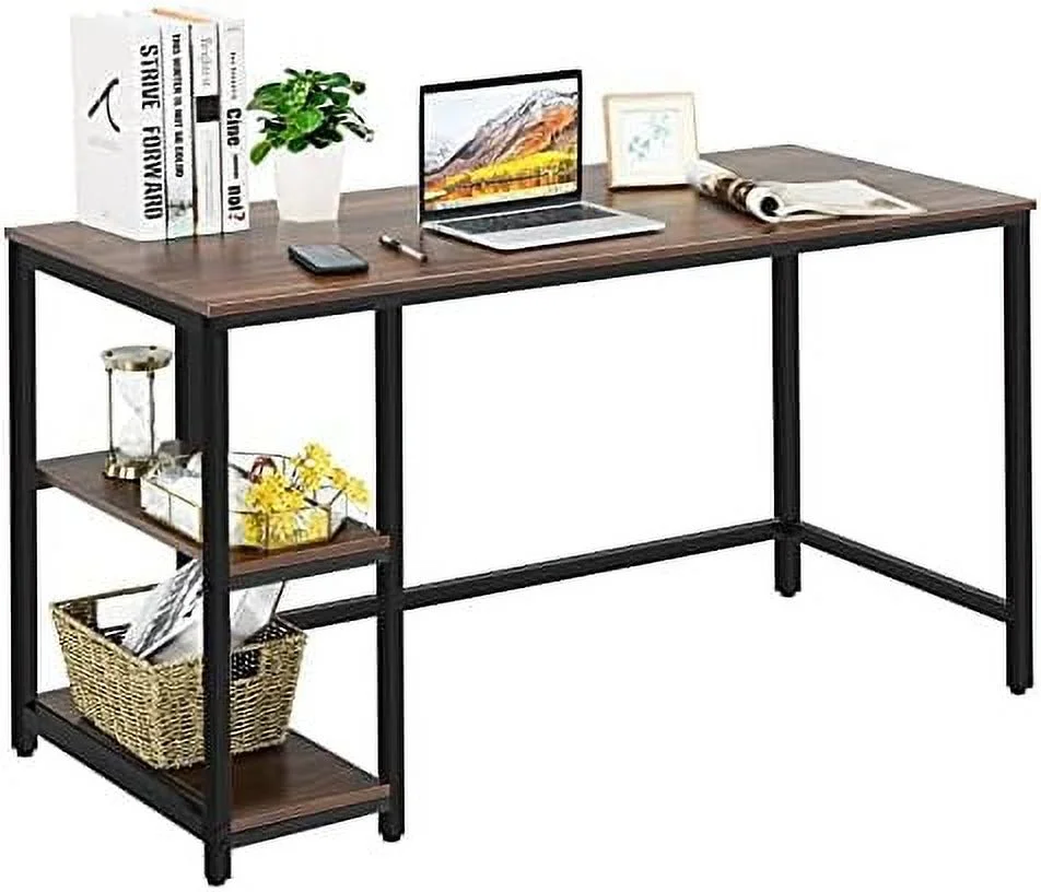 HYHBIBOOM Home Office Computer Desk with 2  Shelves  Industrial Study Writing Desk Workstation Laptop Table with Sturdy Metal Frame (Coffee)