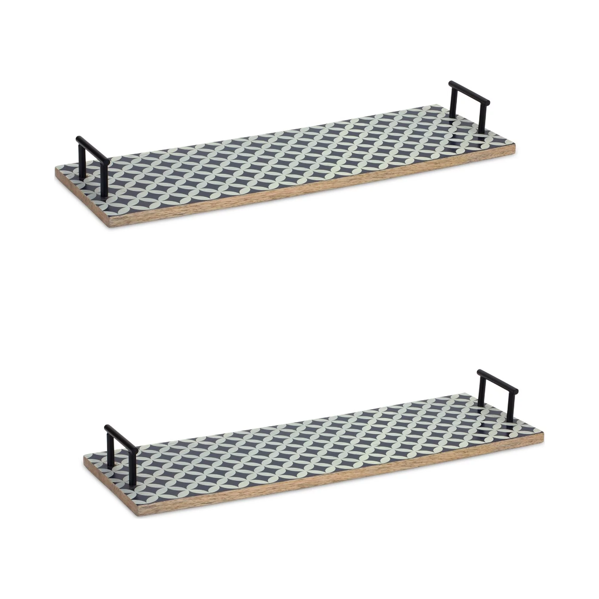 Melrose International Geometric Handled Mango Wood Decorative Tray - Set of 2