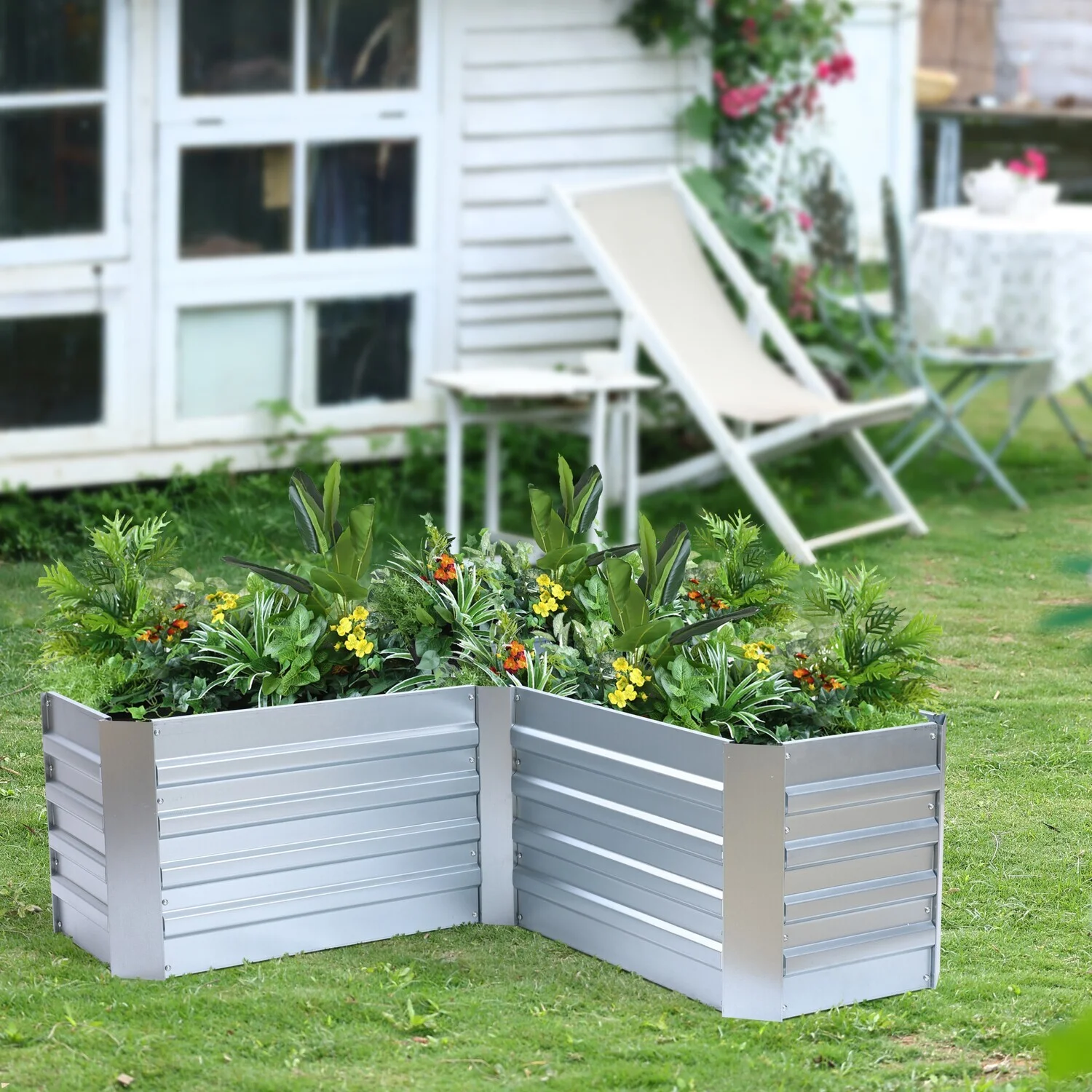 HomeStock Modern Muse L-Shaped Galvanized Metal Raised Garden Bed