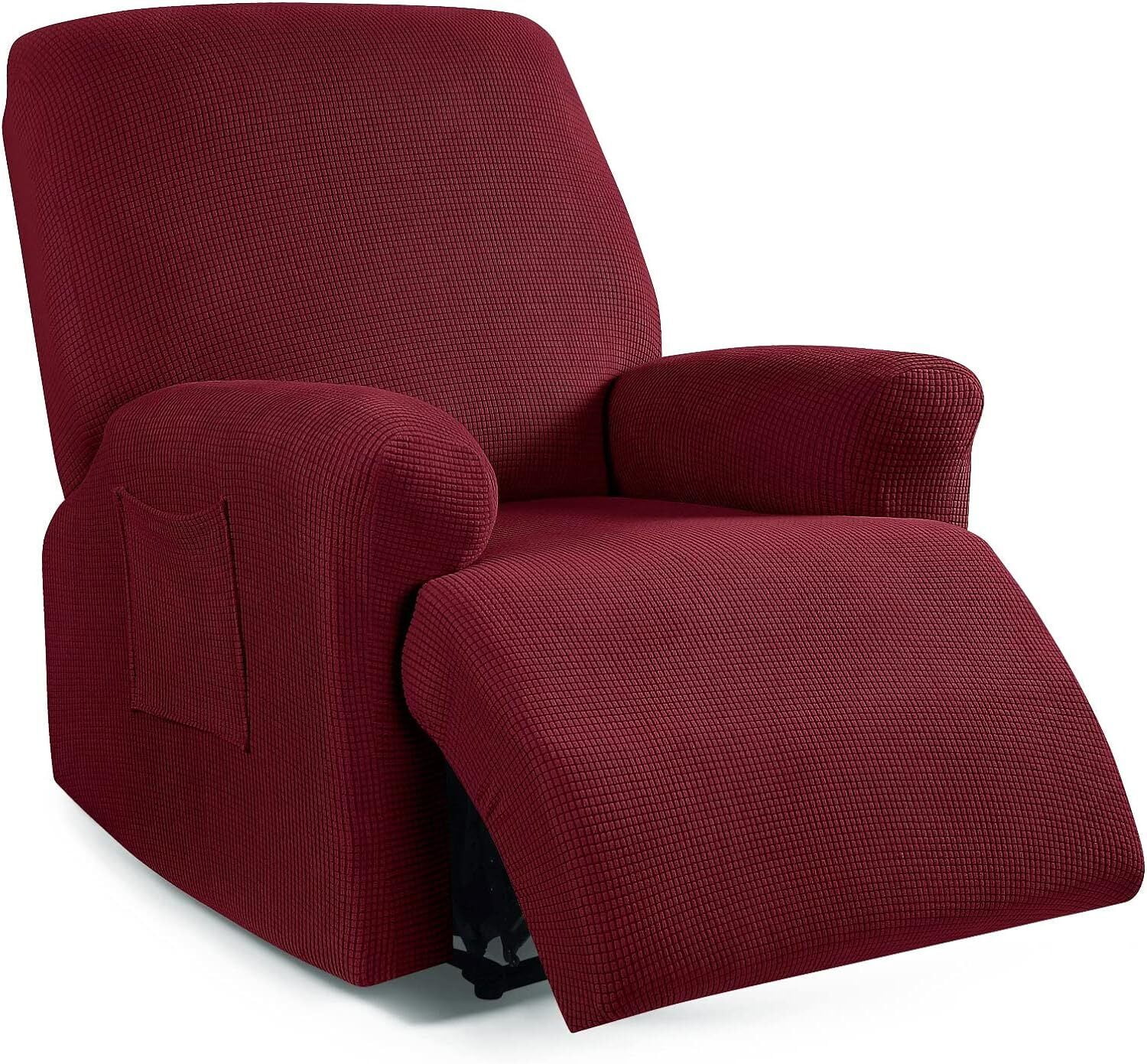 TOPCHANCES Jacquard Recliner Chair Covers, 4-Pieces Armchair Slipcover with Elastic Side Pocket, Armchair Cover for Living Room (Wine Red)