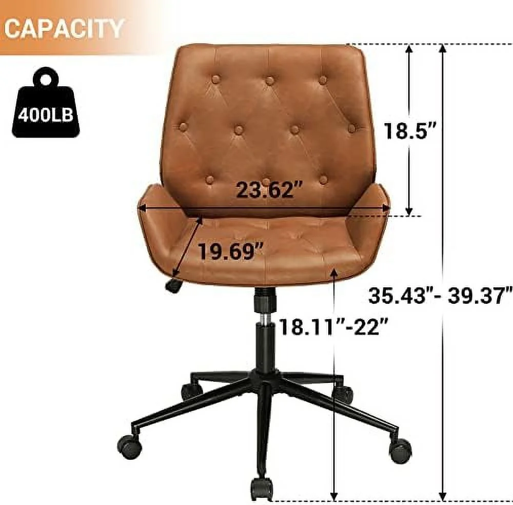 CGFHYP Armless Home Office Chair Brown Leather Desk Chair with Wheels  Wide Modern Office Chair with 40° tiltable backrest  Capicity 400lbs