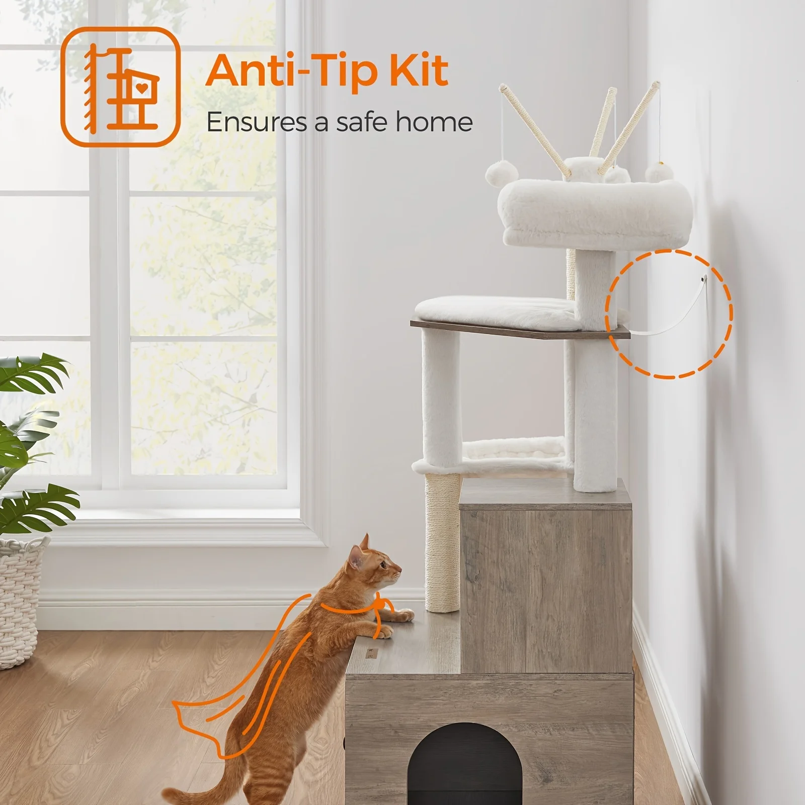 WoodyWonders Cat Tree With Litter Box Furniture Hidden Enclosure, 2-in-1 Modern Tower, Cat Condo With Scratching Posts, Removable Pompom Sticks