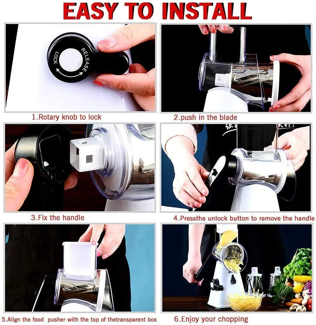 Multifunctional Vegetable and Fruit Slicer, Drum Cheese Slicer with 3 Stainless Steel Rotating Blades, BPA-Free, Manual and Safe Grinding, Slicer (Gray)