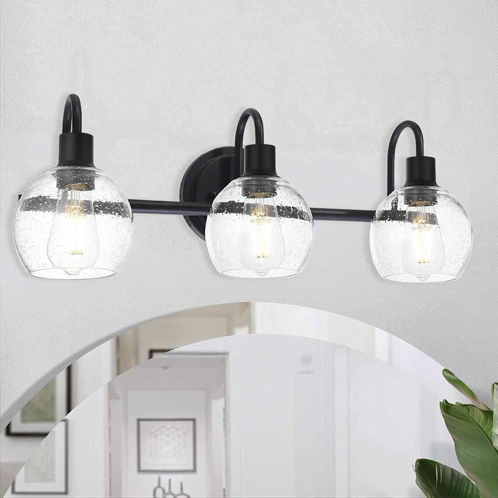 Modern 3-Lights Black Vanity Light Fixtures Farmhouse Metal Bathroom Lighting with Seeded Globe Glass for Hallway Kitchen Over Mirror Bedroom