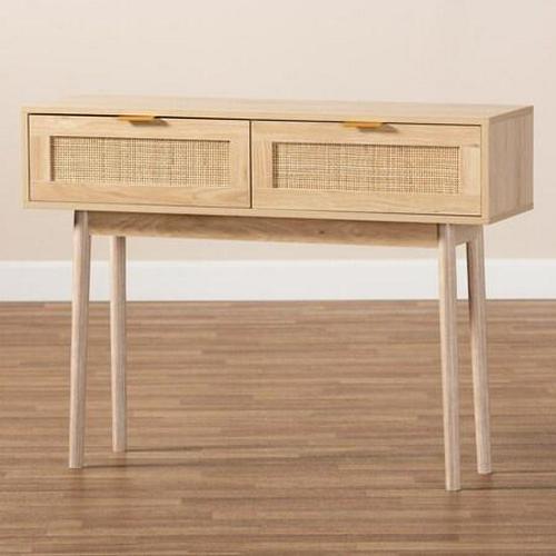 Baird Mid-Century Modern Light Oak Brown Finished Wood and Rattan 2-Drawer Console Table