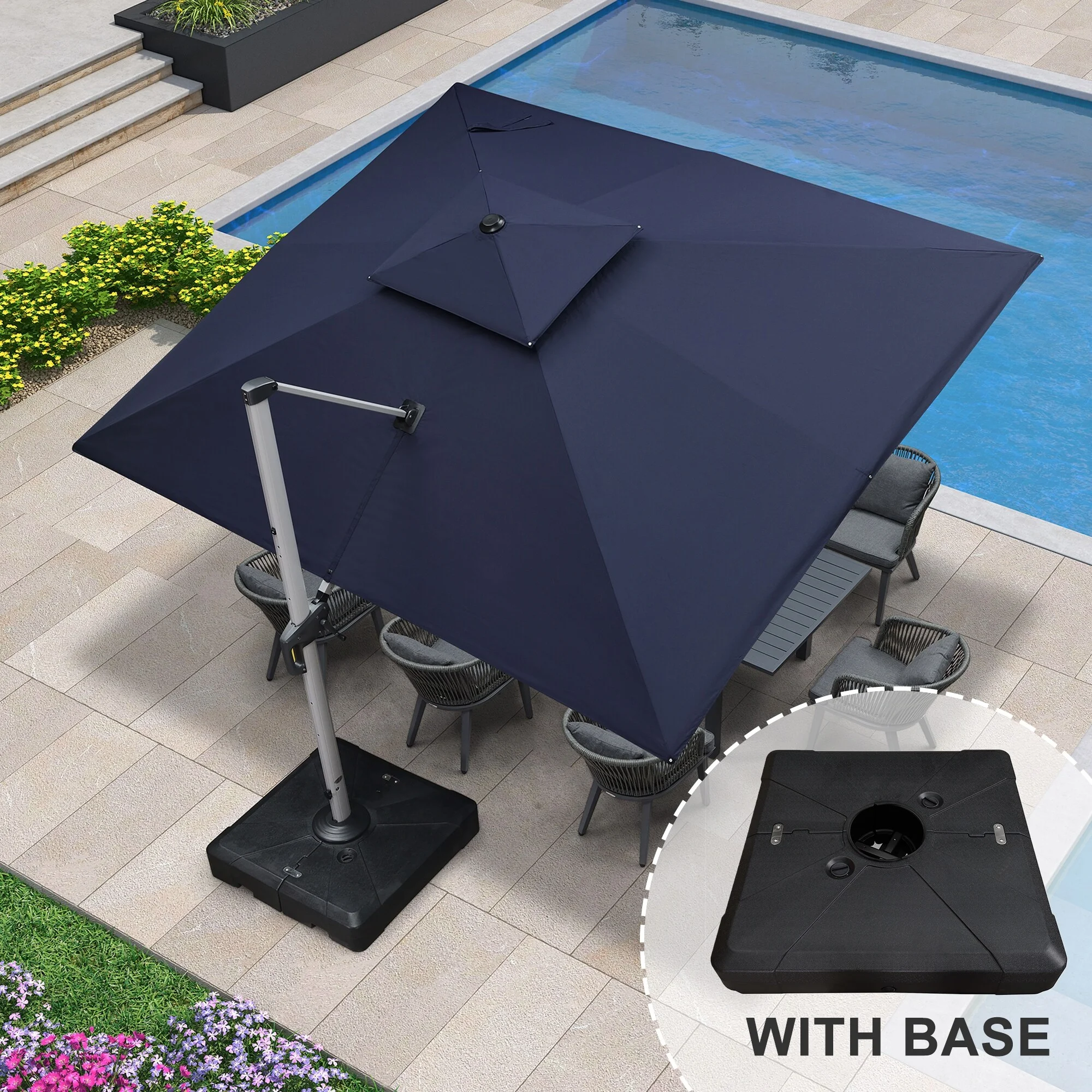 PURPLE LEAF  10 x 12ft Outdoor Rectangle Large Cantilever Umbrella with Base Grey