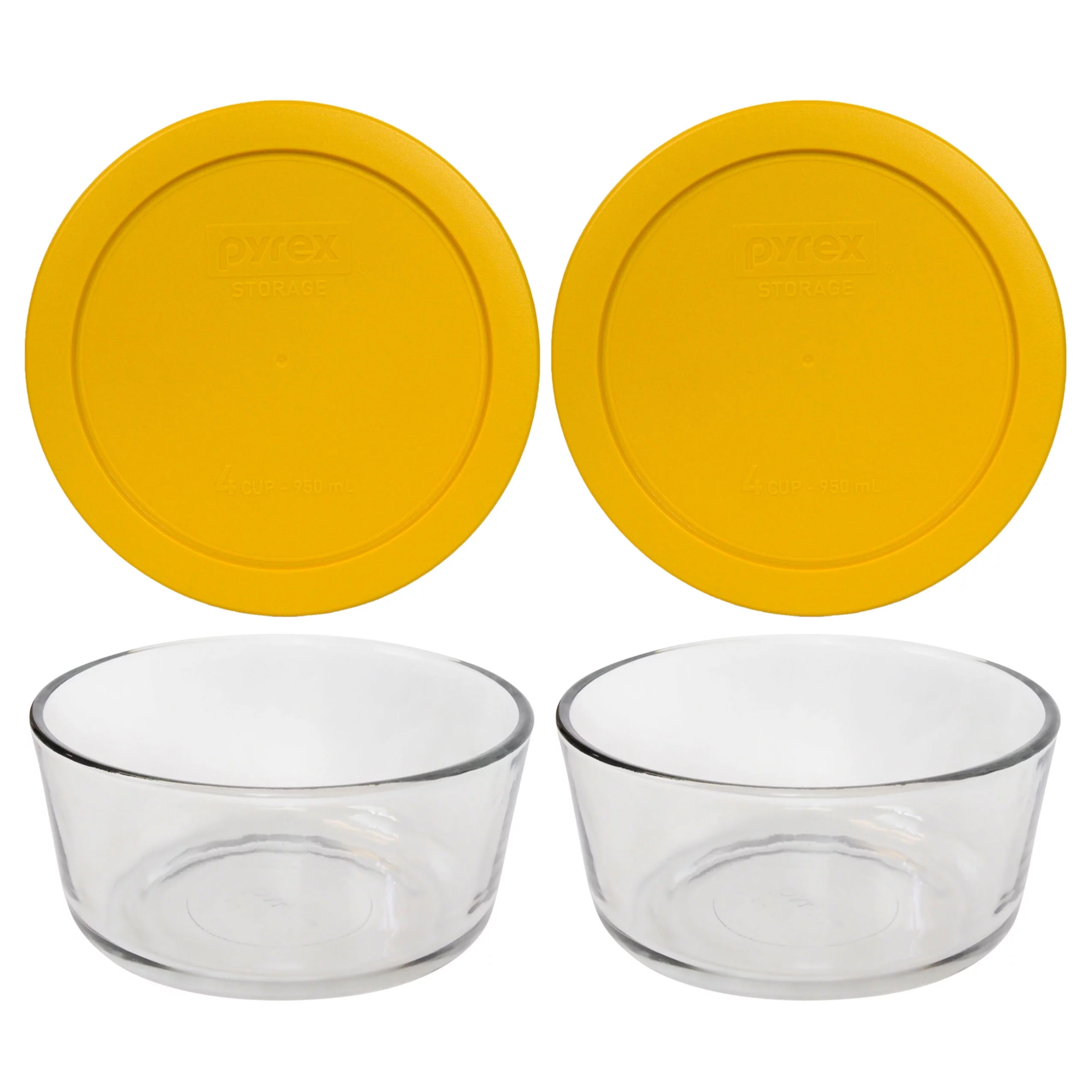 Pyrex 7201 4-Cup Round Glass Food Storage Bowl with 7201-PC Butter Yellow Plastic Lid Cover (2-Pack)