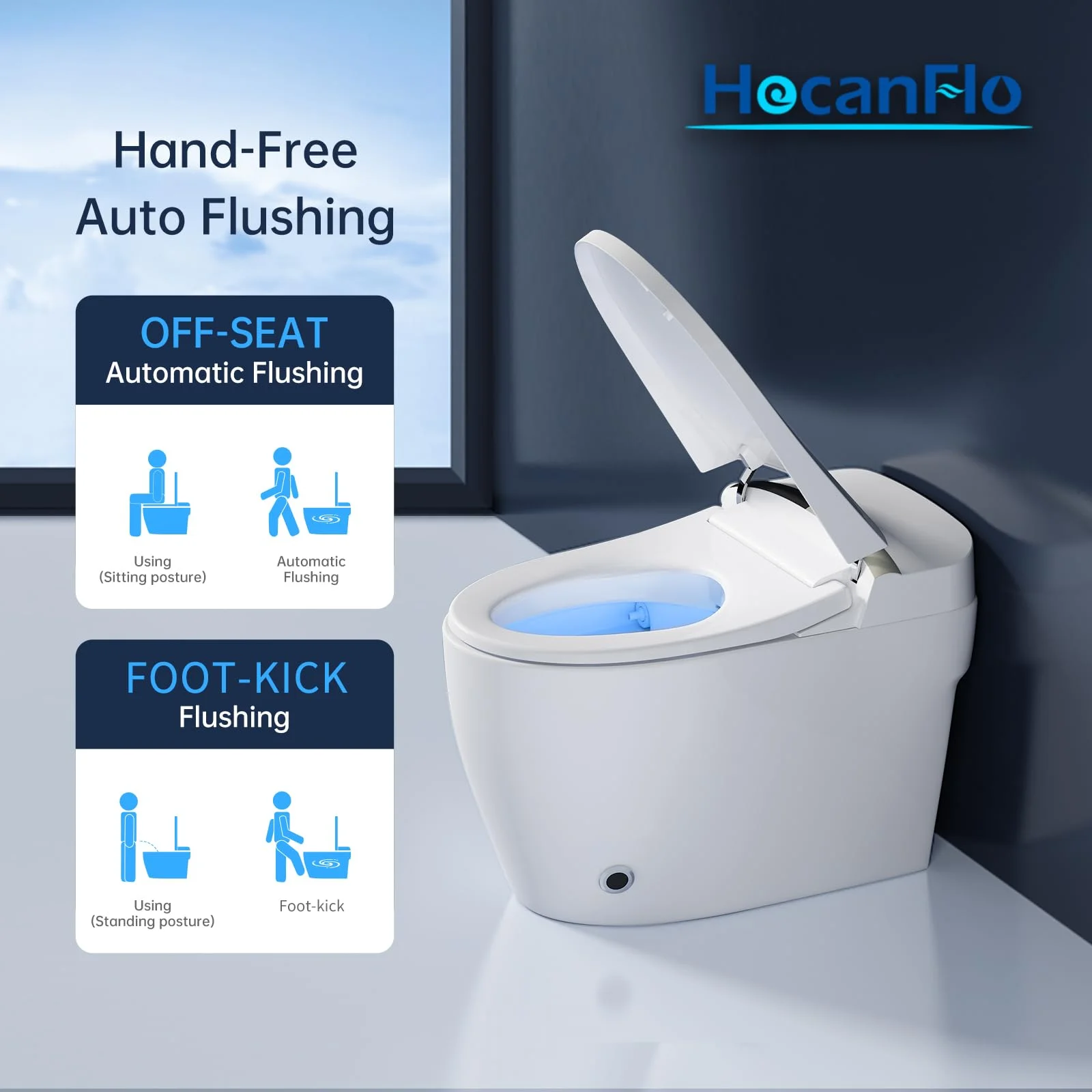 Modern Smart Toilet, Elongated One Piece Toilet with Heated Seat, Foot kicking Flush, Pre-Wet,Soft Closing Seat, Knob Control and Night Light,Tankless Toilet without Bidet