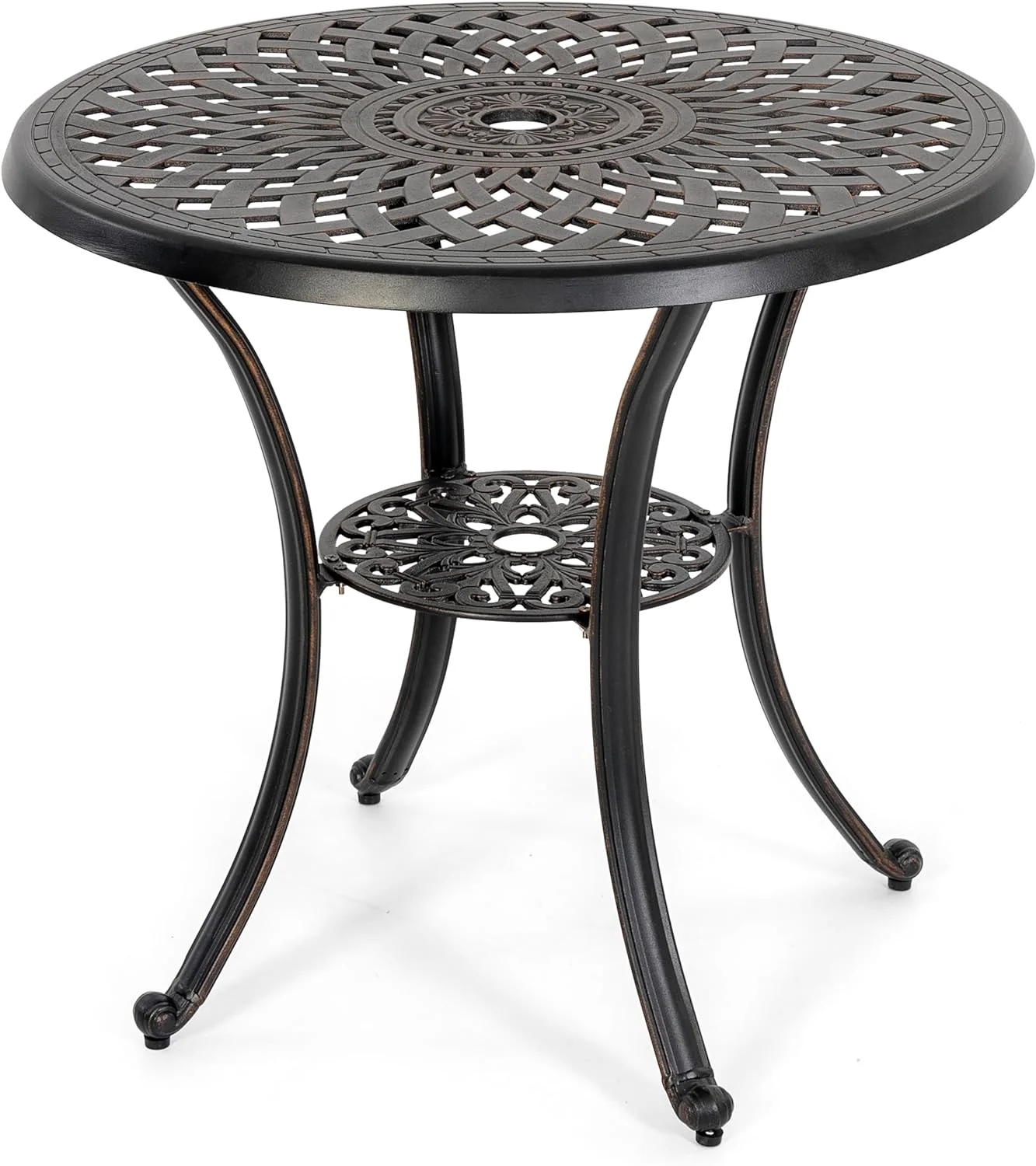 31 Inch Patio Dining Table, Cast Aluminum Patio Table with Umbrella Hole, Round Outdoor Bistro Table for Backyard, Garden, Patio, Porch, Black with Antique Bronze Edging