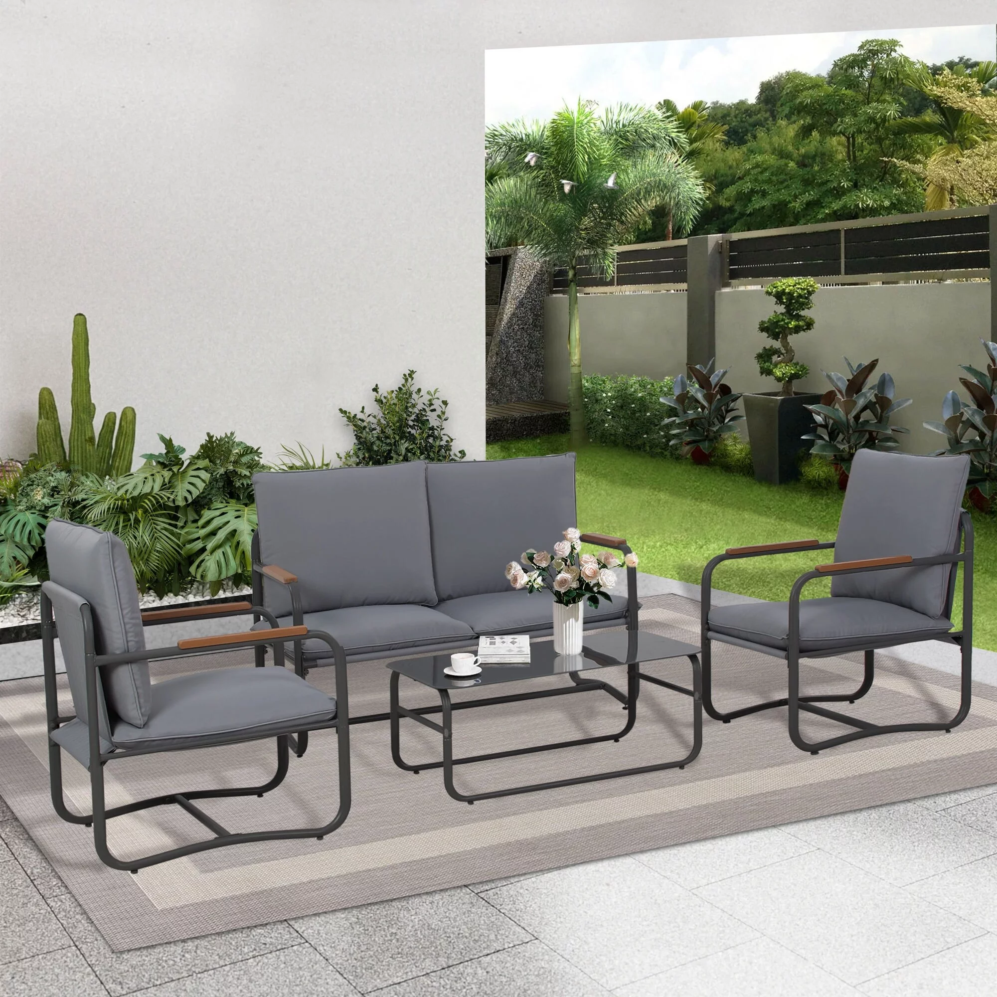Soluwa LLC Royalcraft  Outdoor 4 Pcs Metal Conversation Set with Cushions - 4-Piece Set Dark Grey