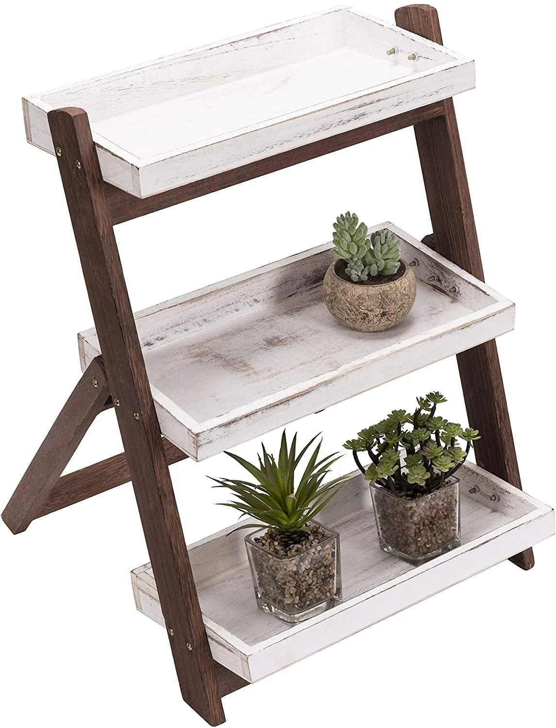 3 Tier Wooden Plant Stand, Burnt Brown Wood and Vintage White Freestanding Ladder Storage Shelf, Indoor Flower Pot Holder Display Rack