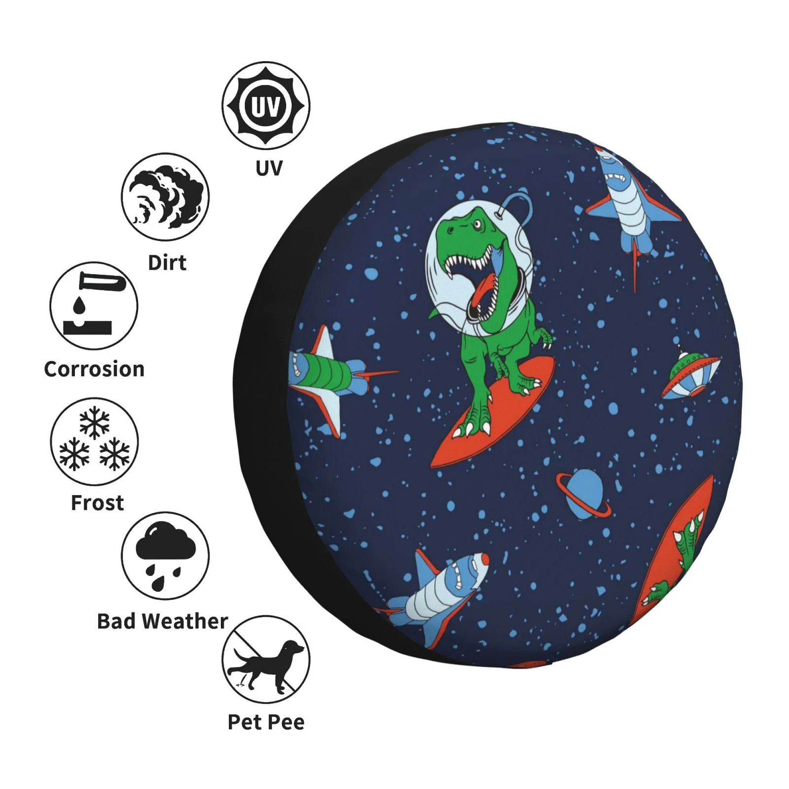 Easygdp Dinosaur Astronaut Space Surfing Wheel Sun Guard, Spare Tire Cover,Universal Trailer Suv Truck Camper Travel,Easy To Install And Remove -16 Inch