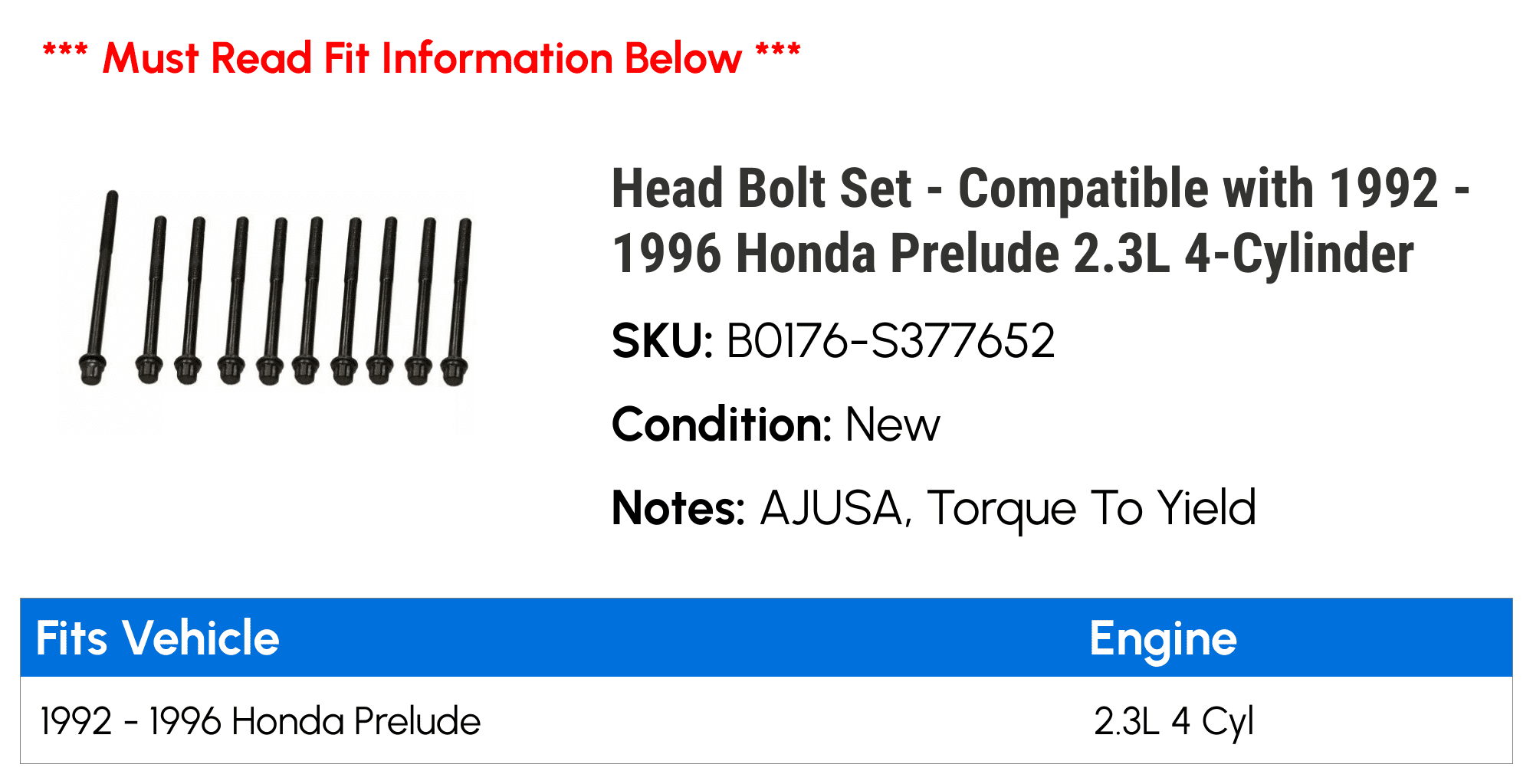 Head Bolt Set - Compatible with 1992 - 1996 Honda Prelude 2.3L 4-Cylinder 1993 1994 1995