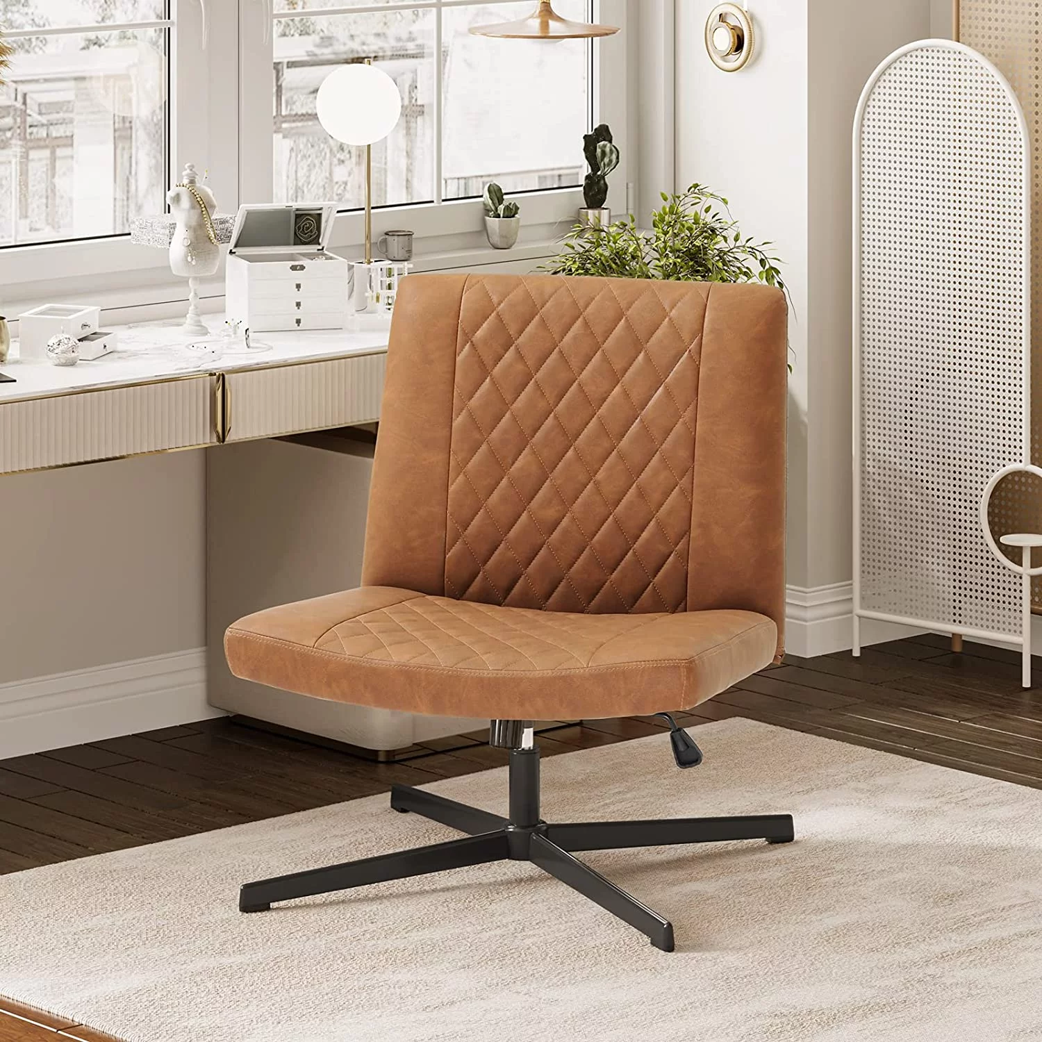 Leather Office Chair, Armless Desk Chair no Wheels for Home Office, Capacity 400lbs, Brown