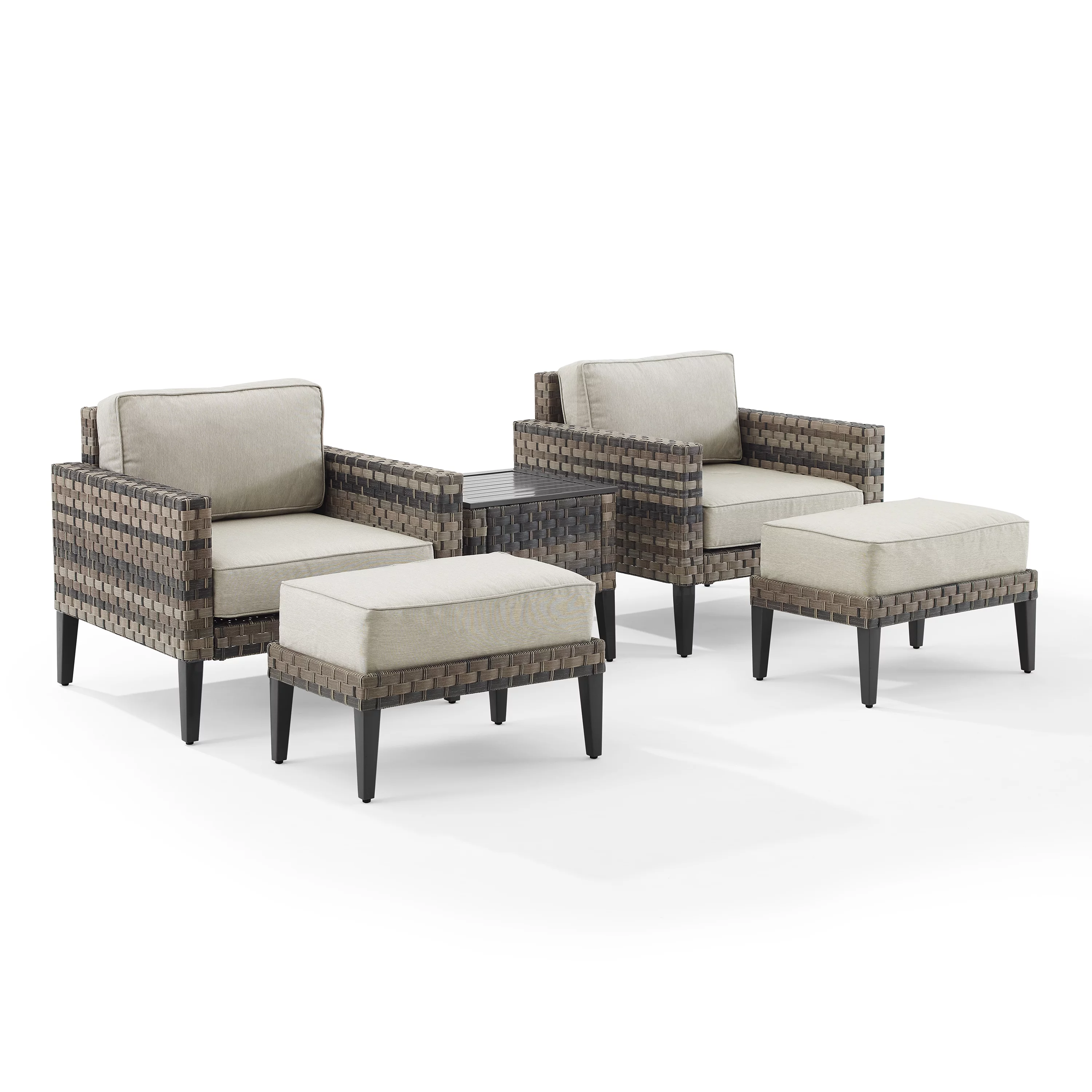Crosley Furniture Prescott 5Pc Outdoor Wicker Armchair Set Taupe/Brown - Side Table, 2 Armchairs, & 2 Ottomans