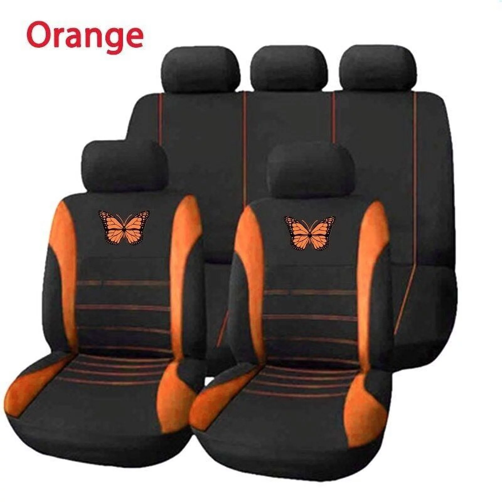 Orange Butterfly Design Car Seat Covers, Full Set, Universal 9 Piece Front Rear Seat Covers