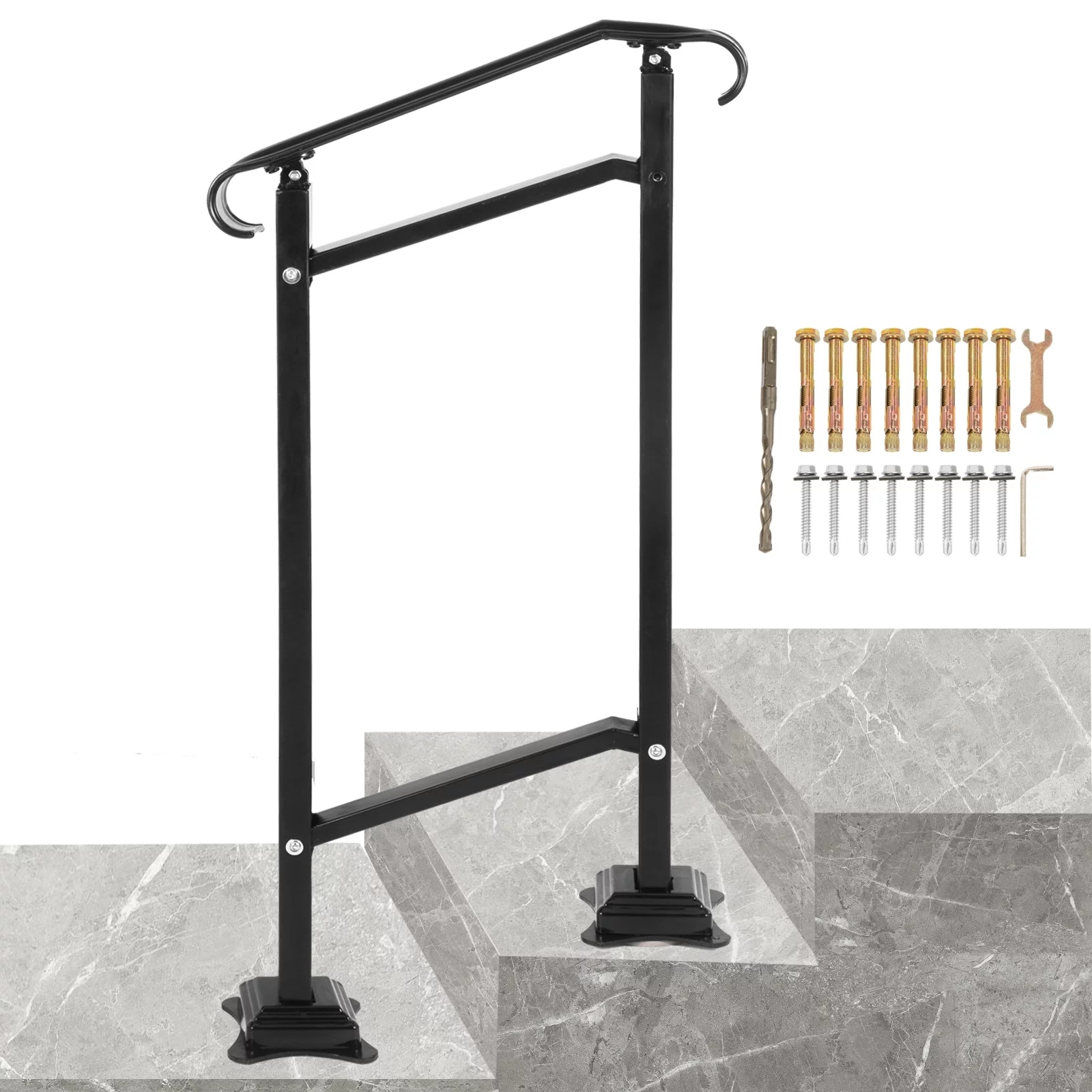 VEVORbrand Iron Handrail for Stairs, Fit 1 or 2 Steps Outdoor Stair Railing, Handrail Height Adjustable Front Porch Hand Railings, Black