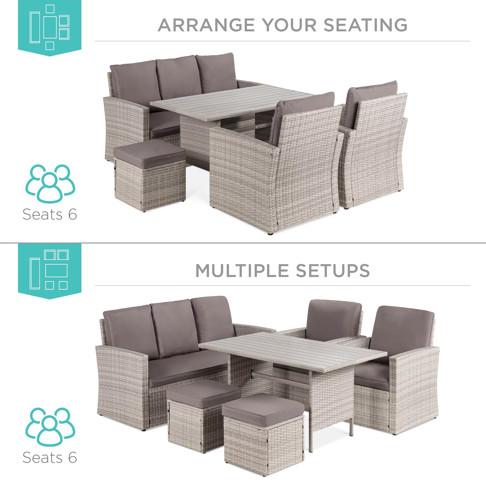 Best Choice Products 7-Seater Conversational Wicker Dining Table, Outdoor Patio Furniture Set w/ Cover - Gray/Gray