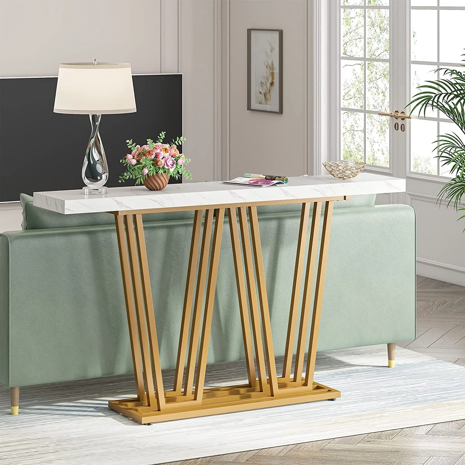 55 Inches Modern Console Table, White Faux Marble Wood Entryway Table