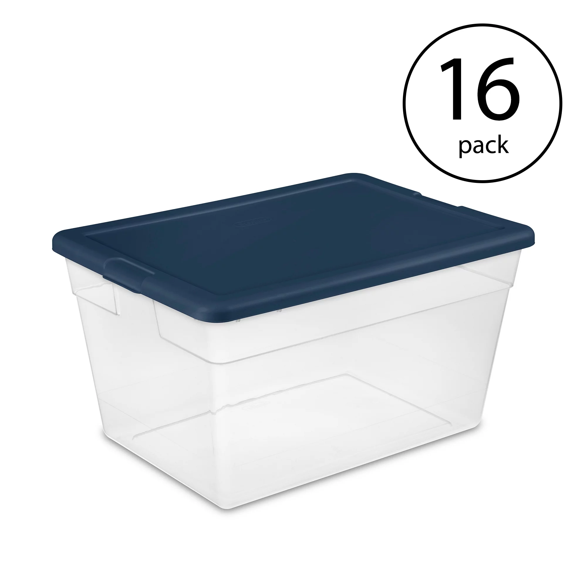 Sterilite Stackable 56 Quart Storage Tote, Clear with Marine Blue Lid (16 Pack)