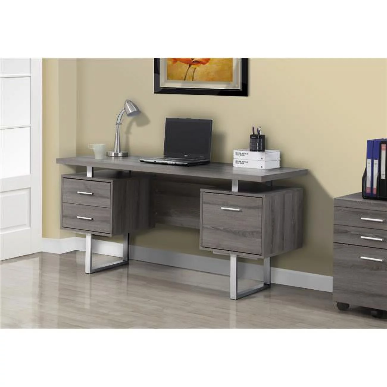30.25 in. Dark Taupe Particle Board & Silver Metal Computer Desk with a Hollow Core