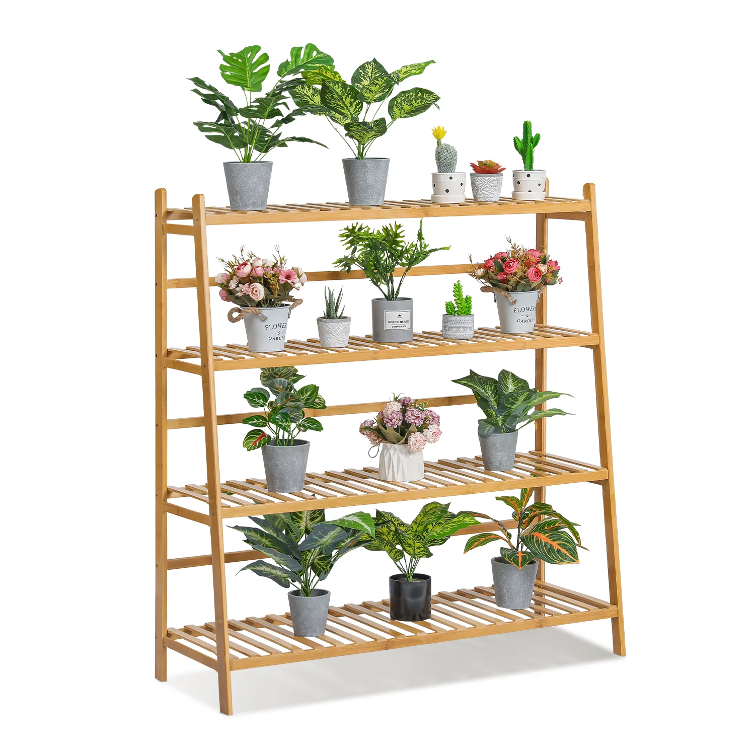 Magshion Bamboo 4 Tiers Trapezoid Plant Stand, Flower Display Shelf Rack, Natural, for Balcony