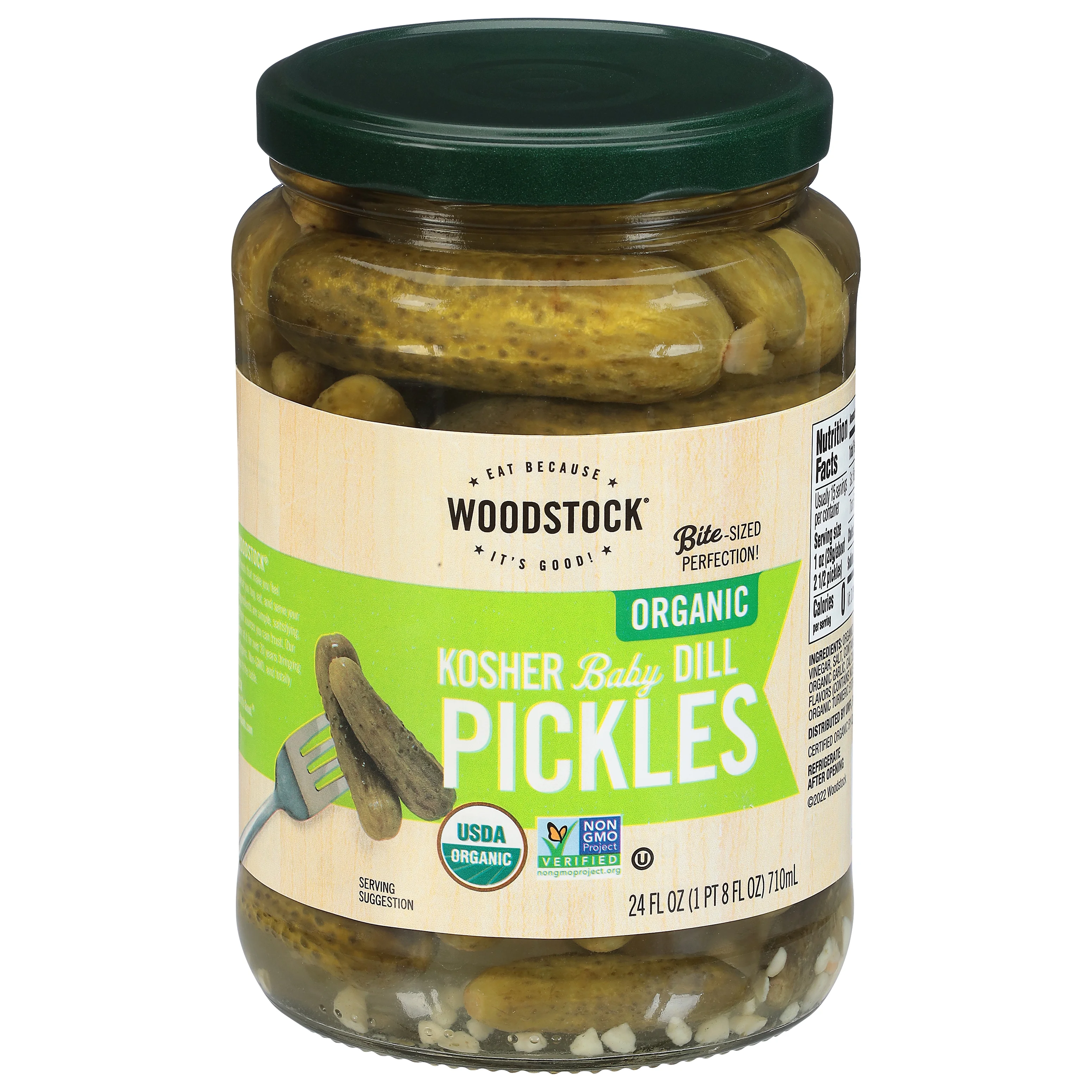 Woodstock Foods Organic Kosher Baby Dill Pickles, 24 oz Jar, Serving Size 2 Pickles, Servings Per Container 14