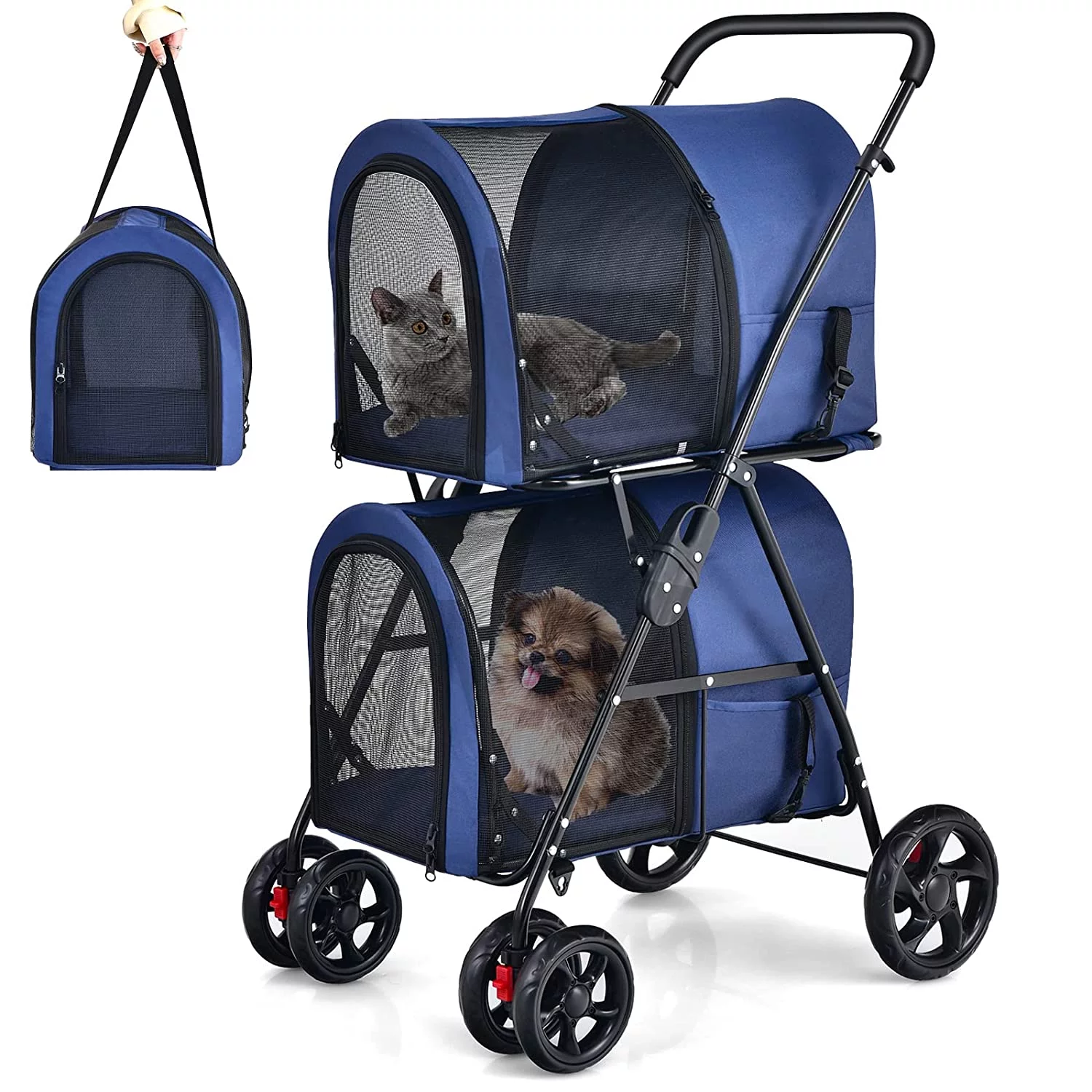 Double Pet Stroller with 2 Detachable Carrier Bags, Safety Belt, 4 Lockable Wheels Cat Stroller Travel Carrier Strolling Cart, Folding Dog Stroller for Small Medium Dogs Cats Puppy (Navy)