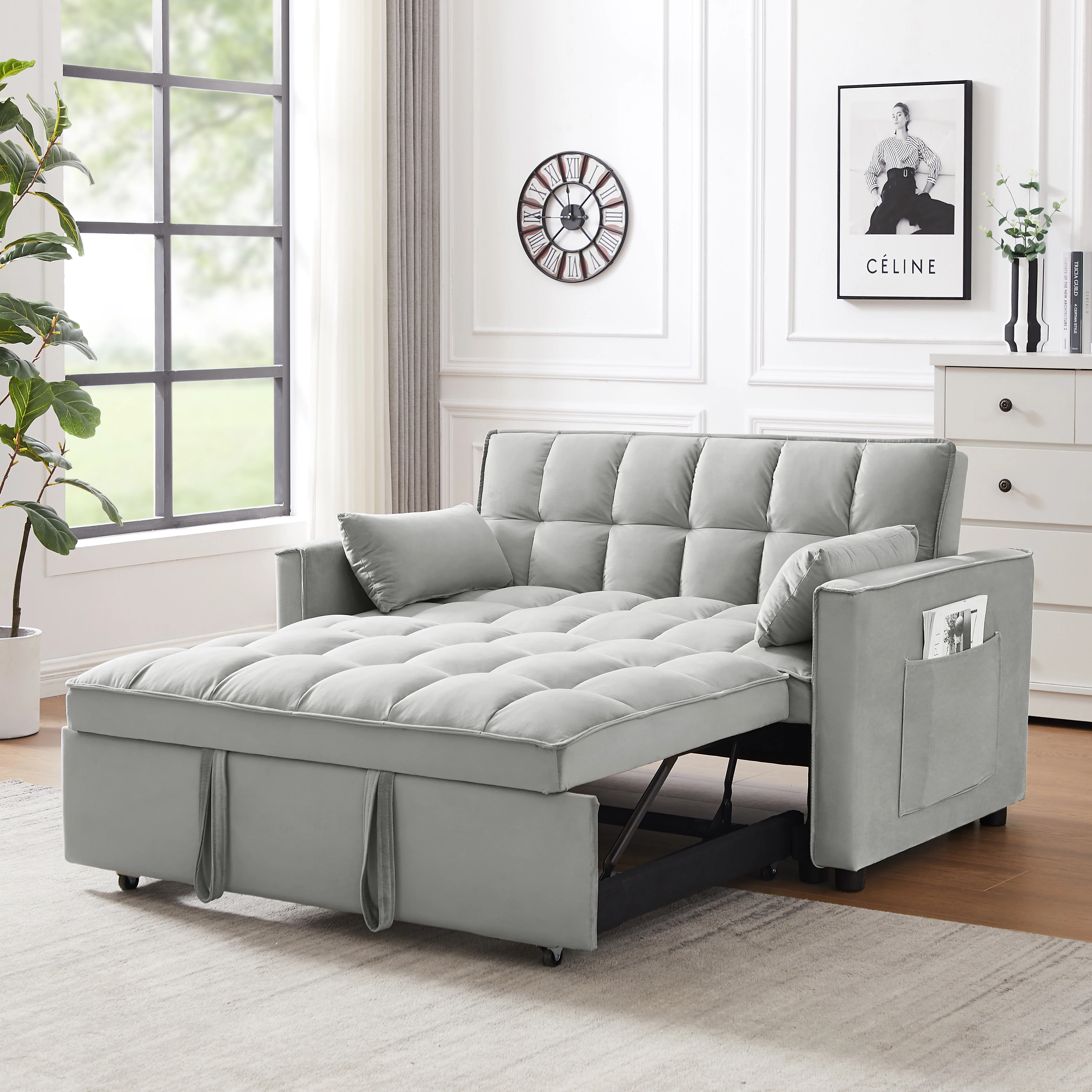 Modern Velvet Convertible Loveseat Futon Sofa with Pullout Bed, Reclining Backrest, Toss Pillows, and Side Pockets, 3-in-1 Sleeper Sofa for Living Room, Gray
