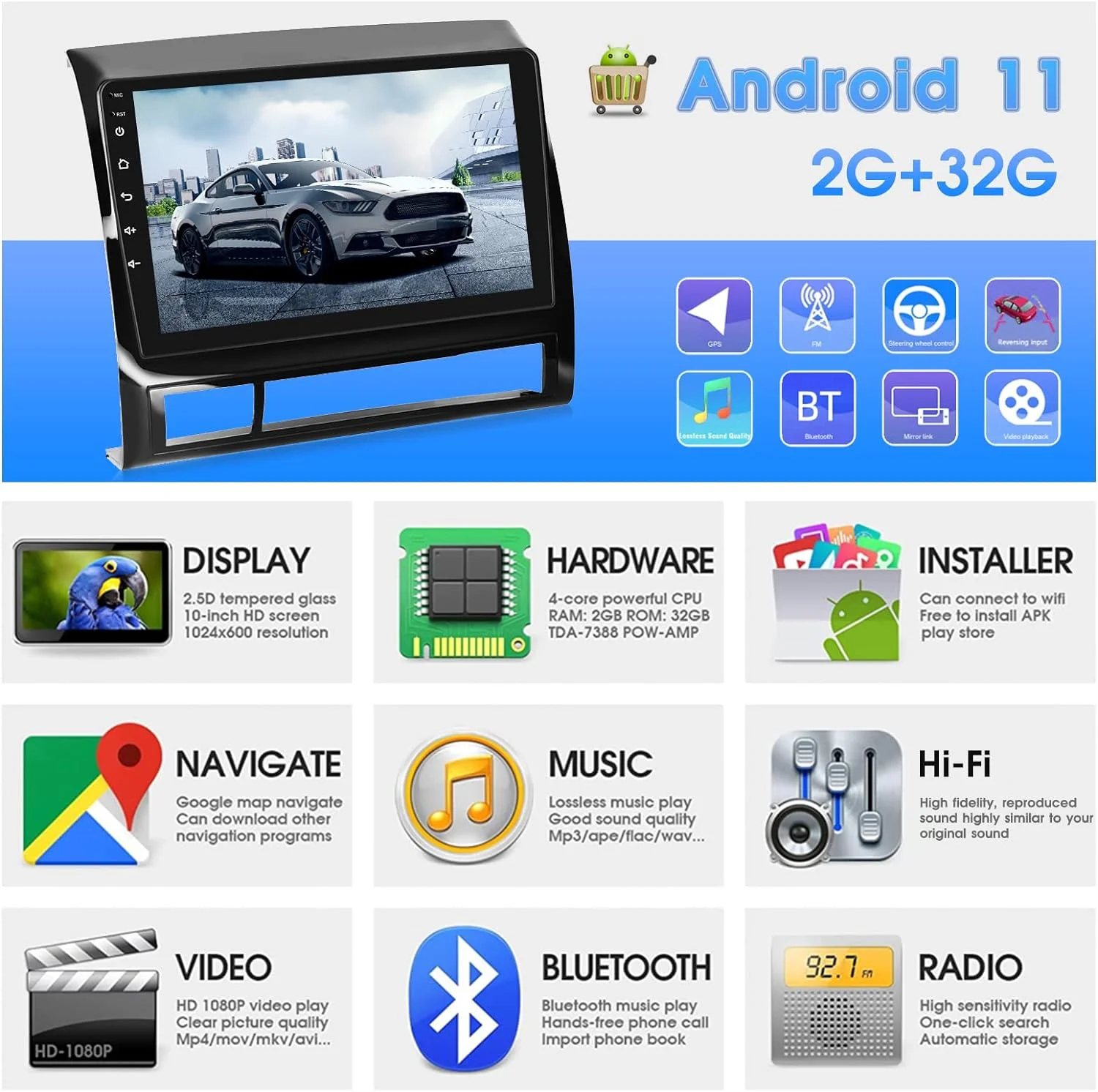 THONZER Android Car Stereo with JBL Harness for Toyota Tacoma 2005-2013, 9 inch Touchscreen Radio with Carplay & Android Auto/Hi-Fi + Backup Camera + Mic