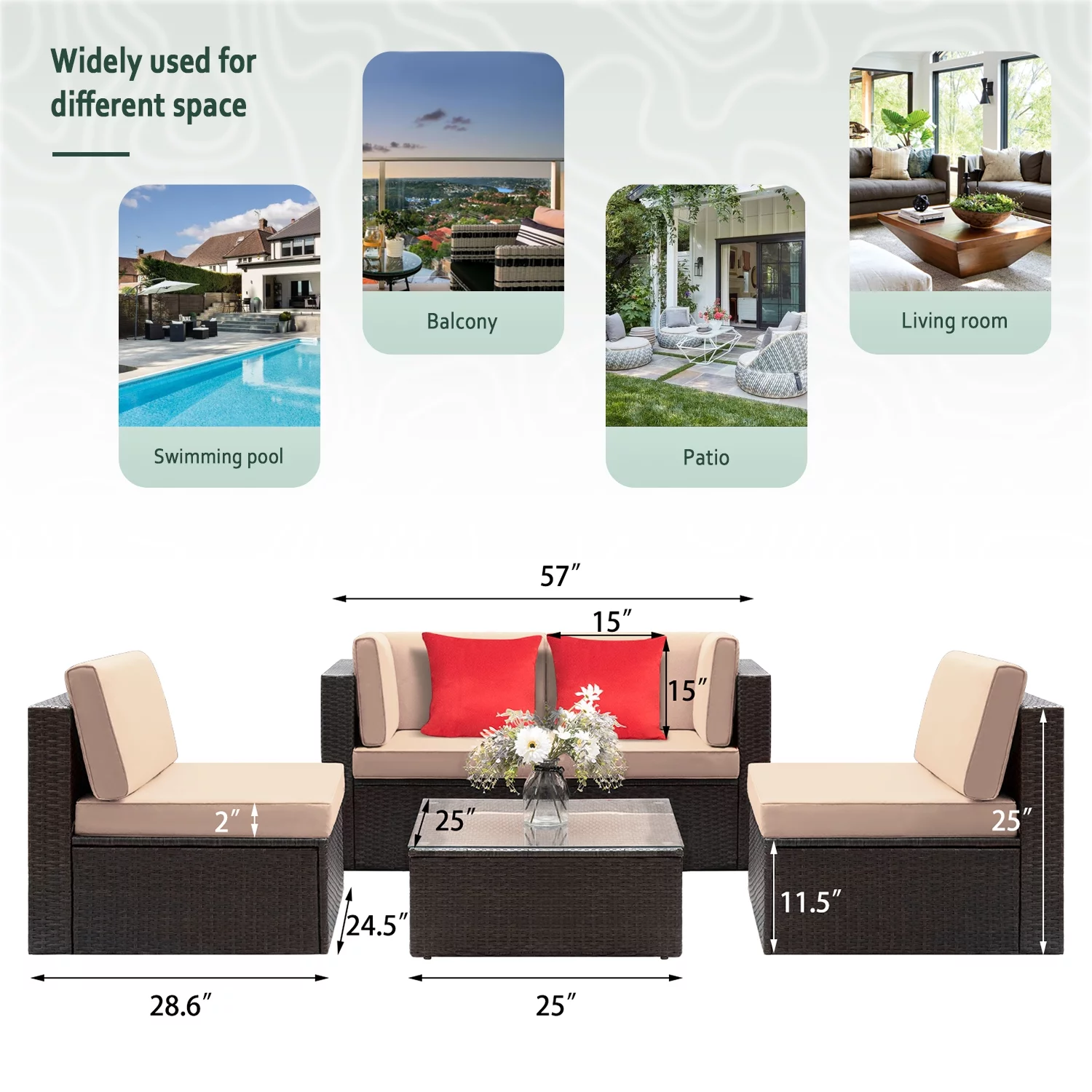 Devoko 5 Pieces Patio Furniture Sectional Set Outdoor Wicker Rattan Sofa Set Backyard Couch Conversation Sets with Pillow Cushions and Glass Table, Beige