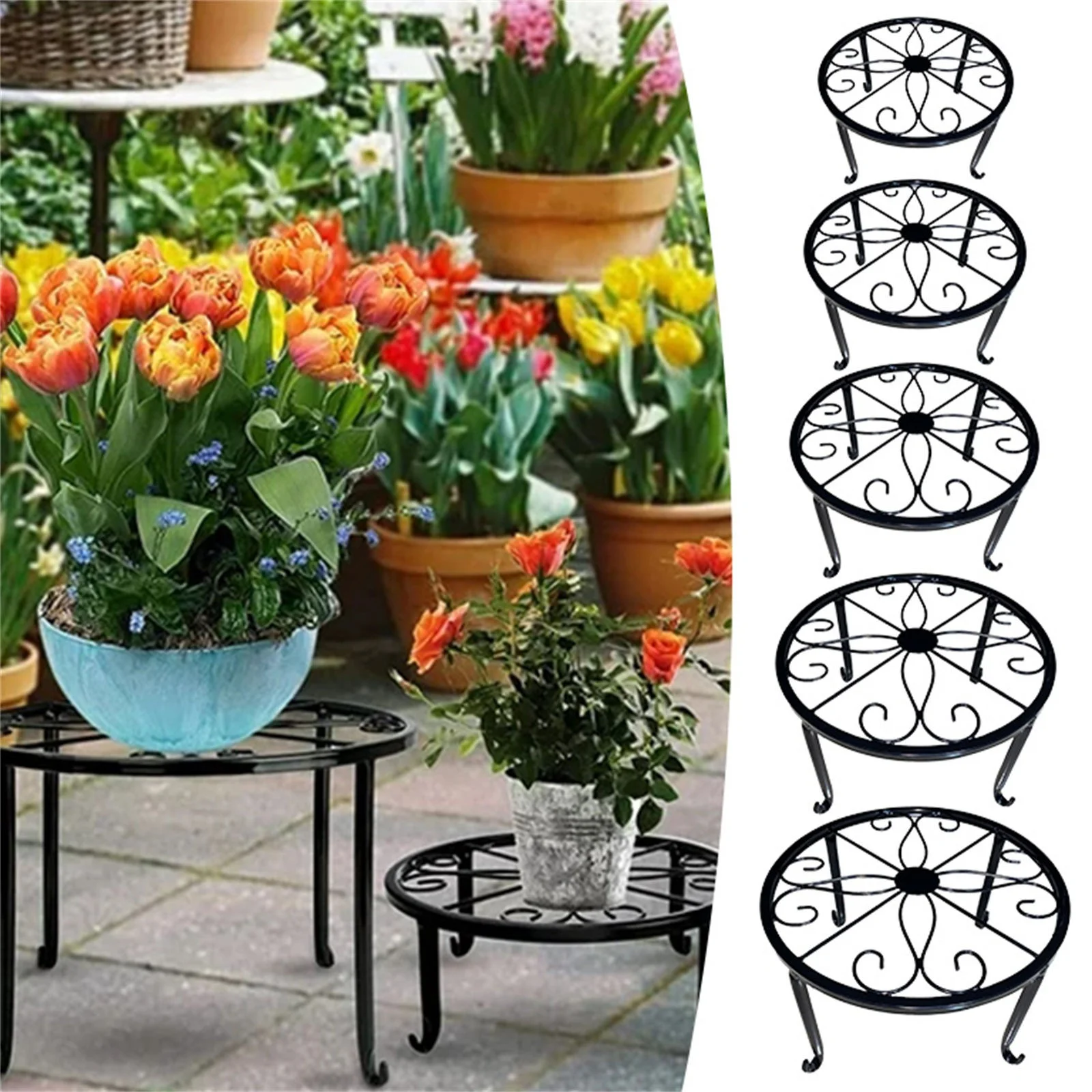 Bnnlsa Flower Pots Metal Stand 5 Pack Heavy Duty Flower Pot Shelf for Outdoor Indoor Rustproof Round Shelf for Planter Potted Holder for Garden Home(Black)